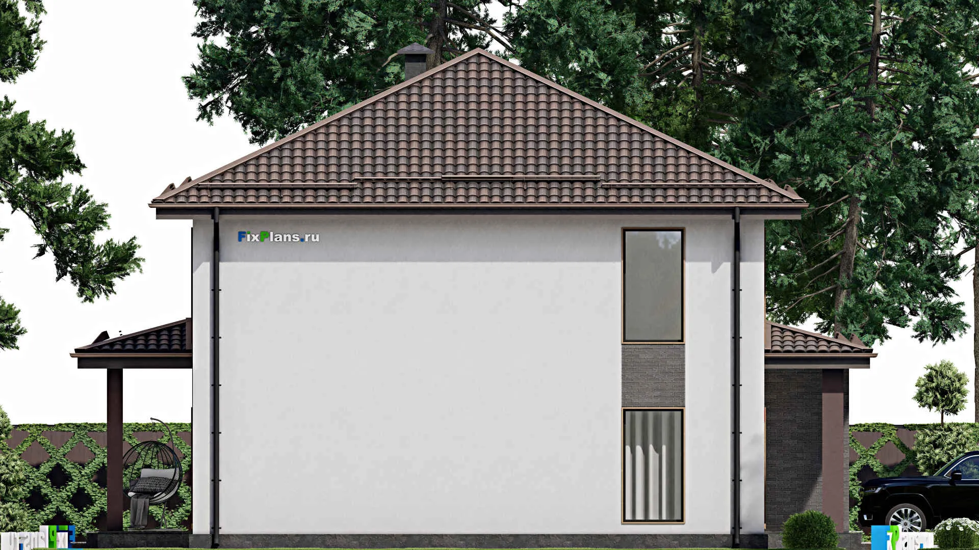 F-8063 - Проект двухэтажного дома 13 на 16, площадью 250 м² с террасой, гаражом на 1 машину и 4 спальнями