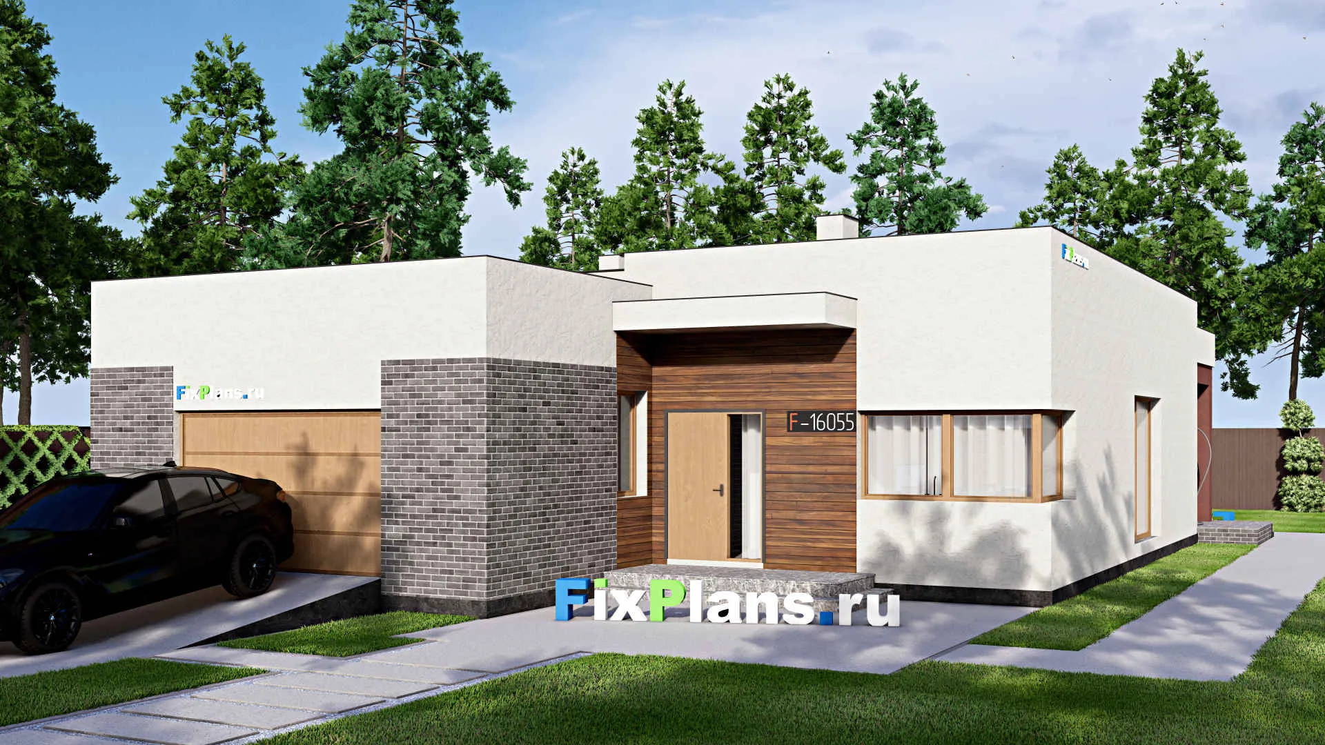 F-16055 - Проект одноэтажного дома 14 на 20, площадью 190 м² с террасой, гаражом на 1 машину и 3 спальнями