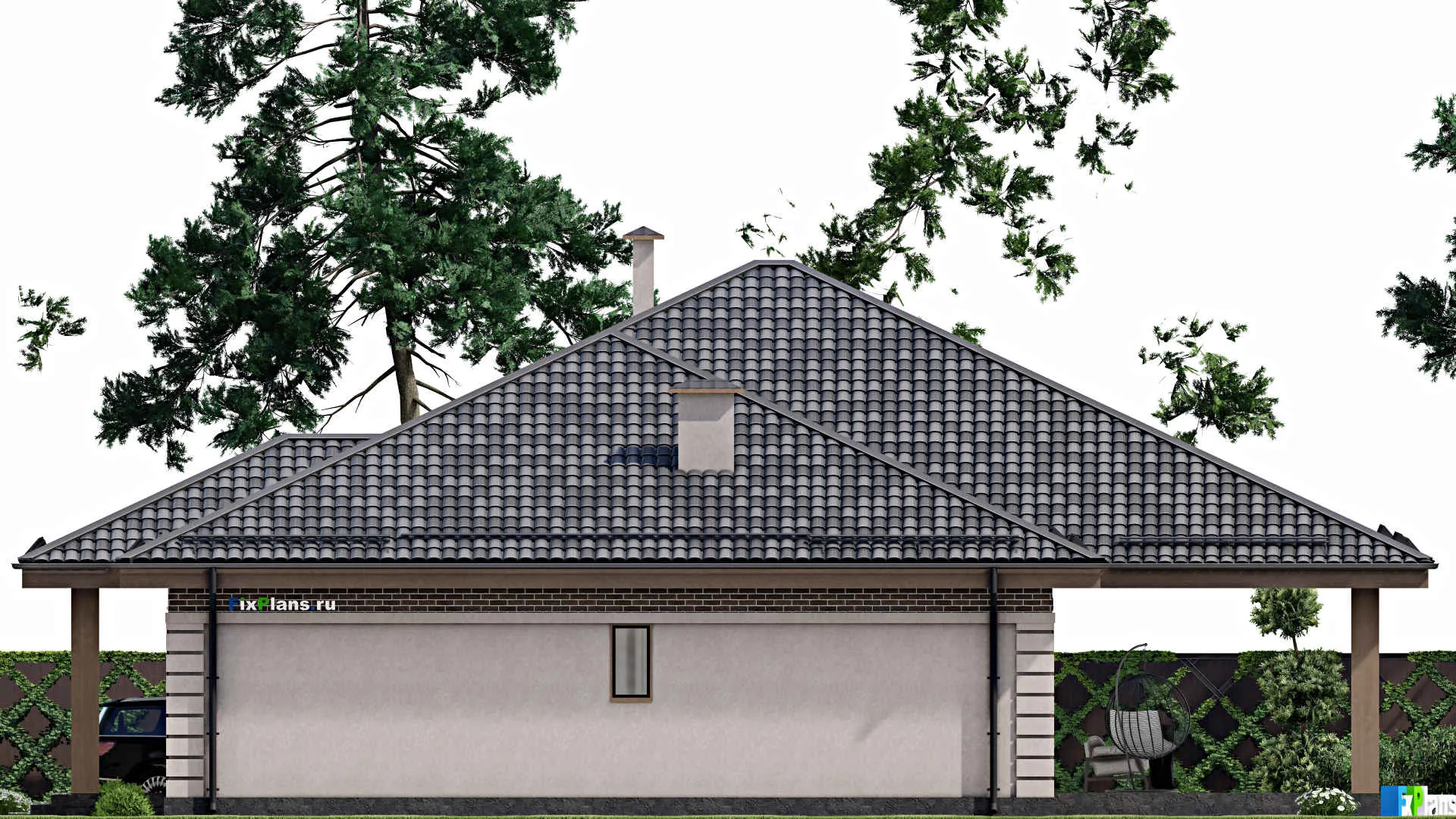 F-7730 - План одноэтажного дома 15 на 19, площадью 310 м² с террасой и 4 спальнями