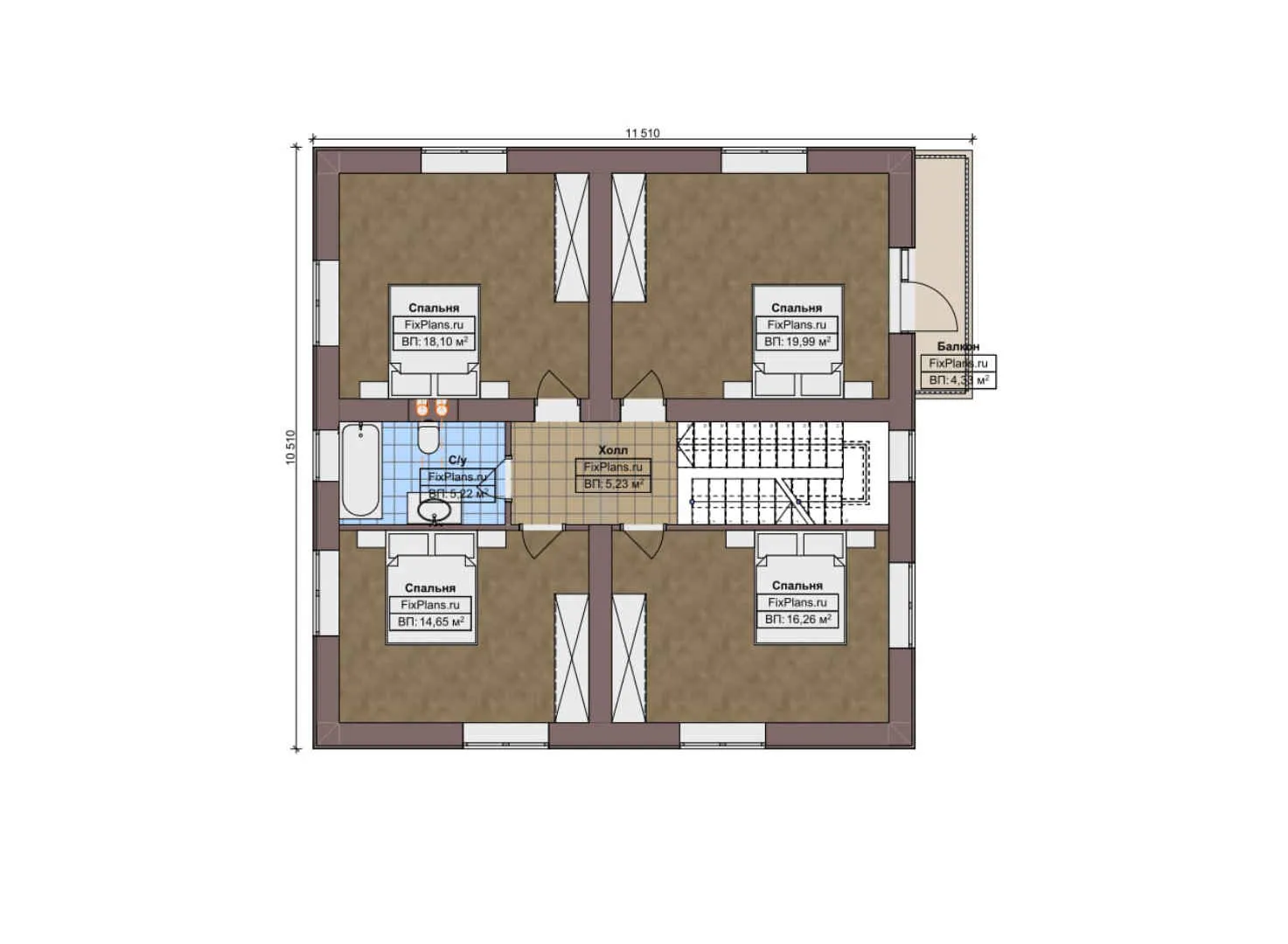 F-7163 - Планы двухэтажного дома с мансардой 12 на 14, площадью 280 м² с террасой, балконом и 4 спальнями