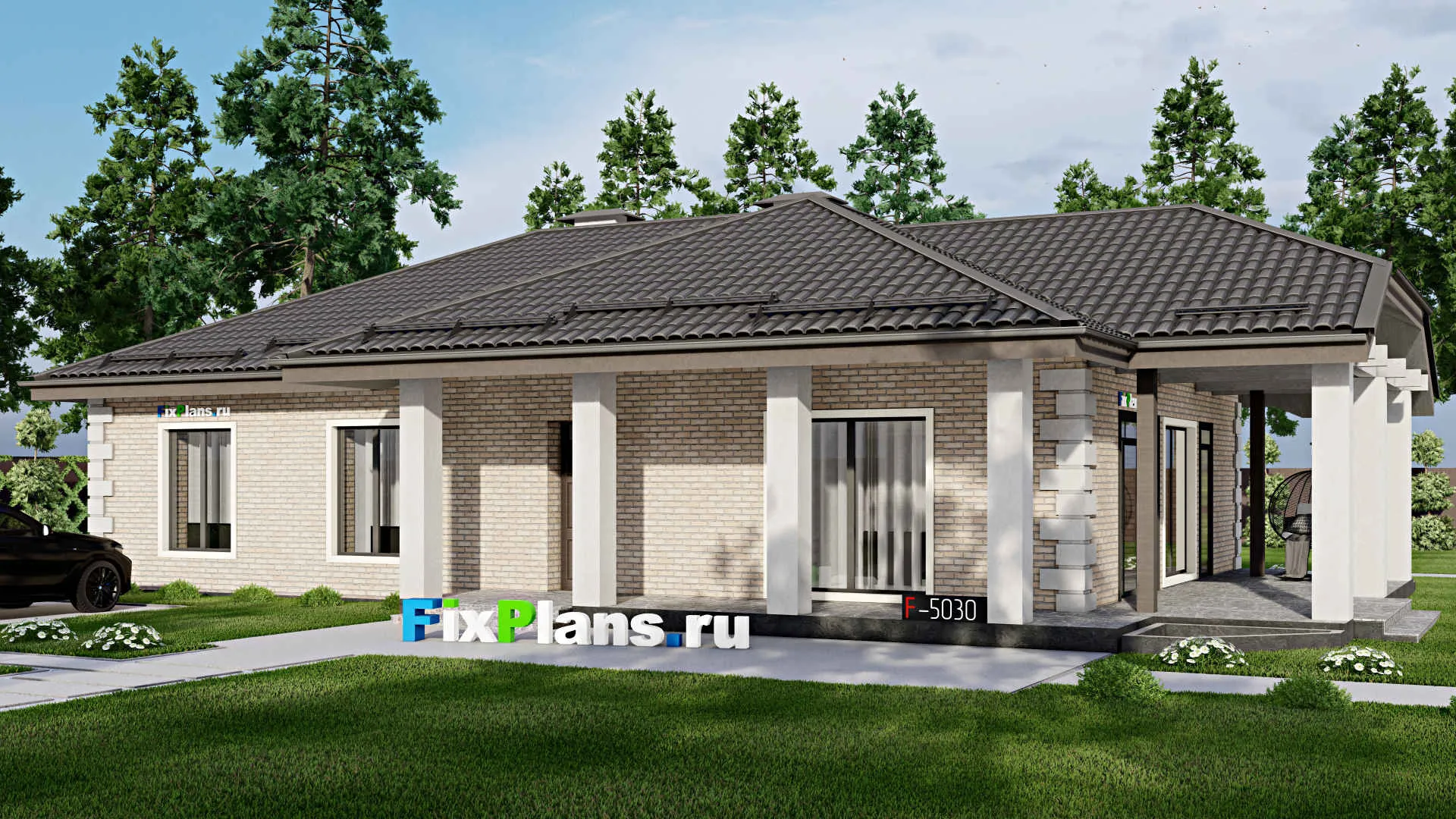 F-5030 - Проект одноэтажного дома 13 на 17, площадью 190 м² с террасой и 3 спальнями