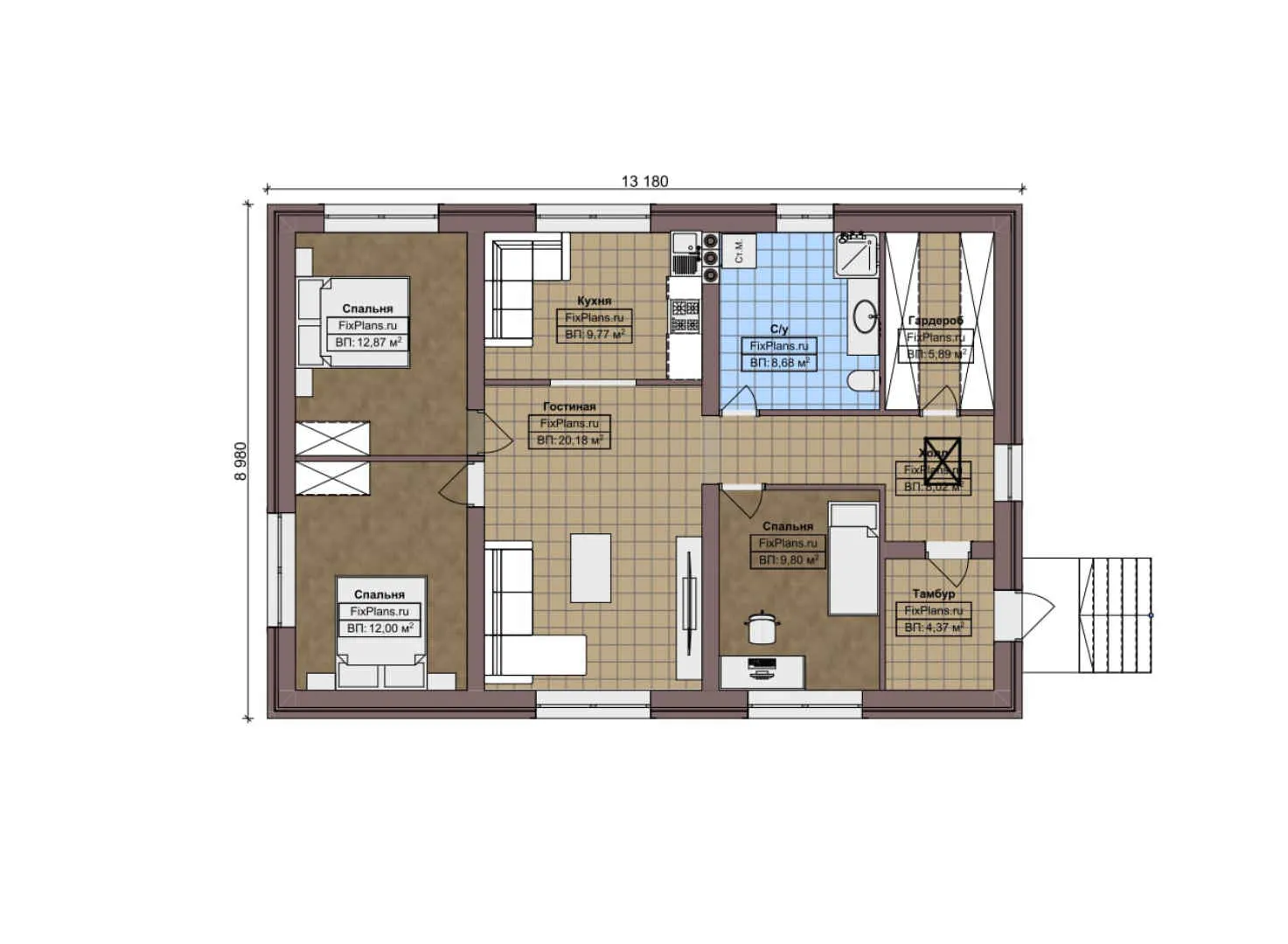 F-5381 - План одноэтажного дома 9 на 14, площадью 100 м² с 3 спальнями