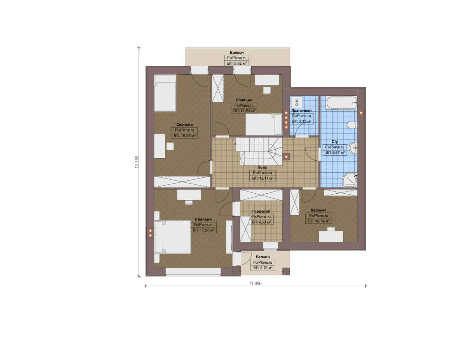 F-16181 - Планы дома с мансардой 13 на 16, площадью 240 м² с террасой, балконом, гаражом на 1 машину и 3 спальнями