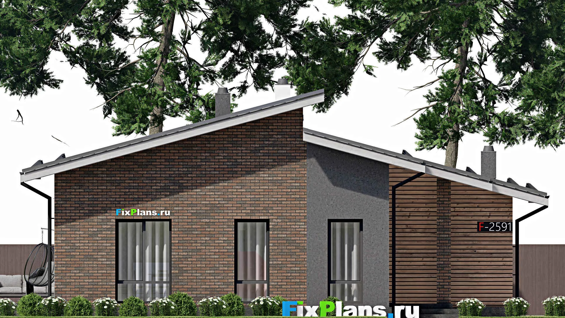 F-2591 - Проект одноэтажного дома 13 на 15, площадью 160 м² с террасой и 3 спальнями