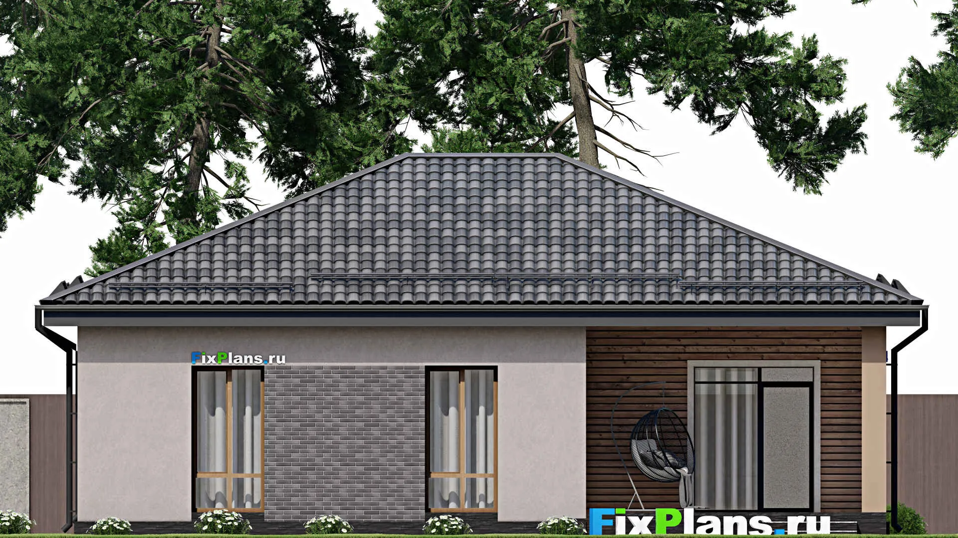 F-8099 - План одноэтажного дома 11 на 14, площадью 120 м² с террасой и 3 спальнями