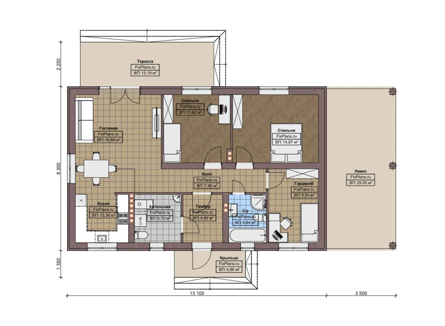 F-6686 - План одноэтажного дома 9 на 14, площадью 140 м² с террасой и 2 спальнями