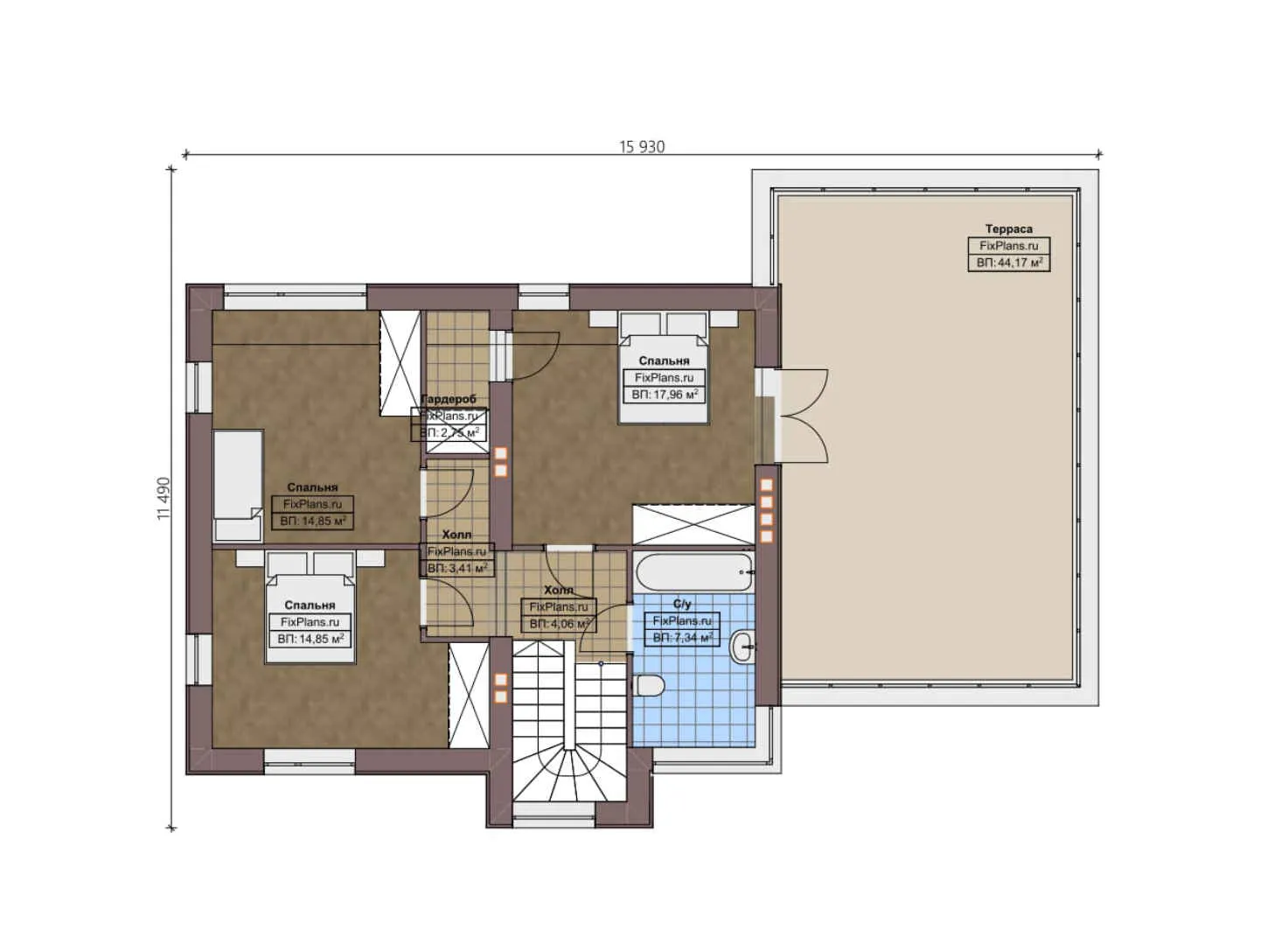 F-2969 - Планы двухэтажного дома 12 на 16, площадью 220 м² с террасой, гаражом на 2 машины и 3 спальнями