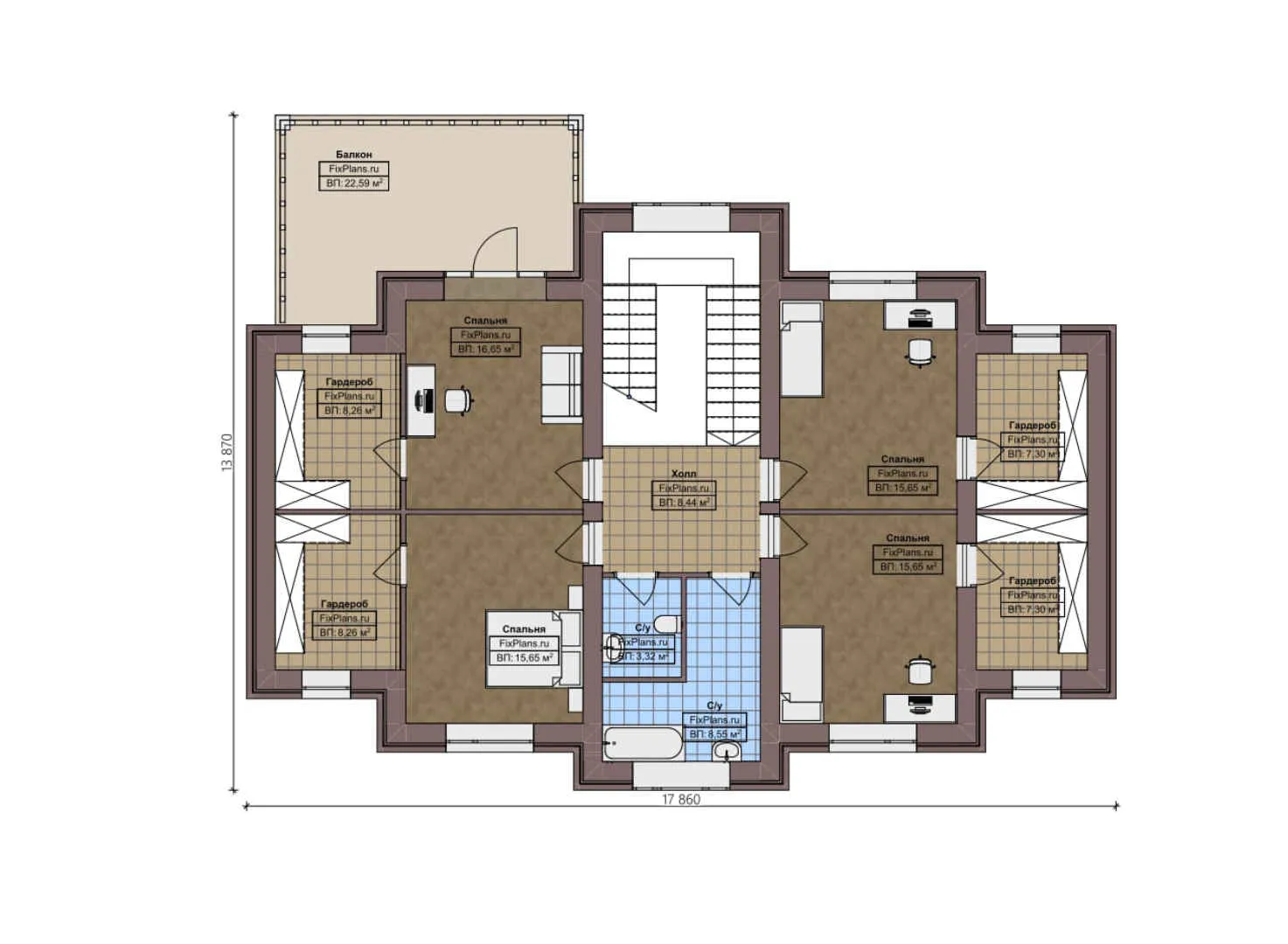 F-4436 - Планы двухэтажного дома 16 на 23, площадью 320 м² с террасой, балконом, гаражом на 1 машину и 4 спальнями