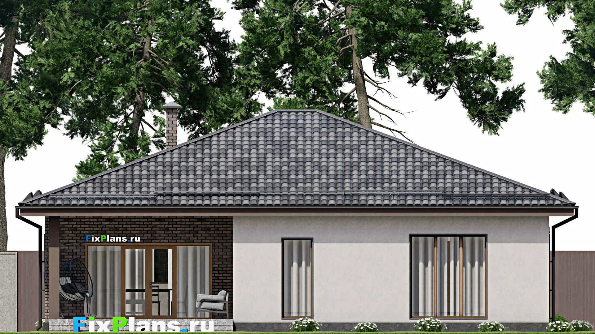 F-7991 - Проект одноэтажного дома 15 на 15, площадью 170 м² с террасой и 3 спальнями