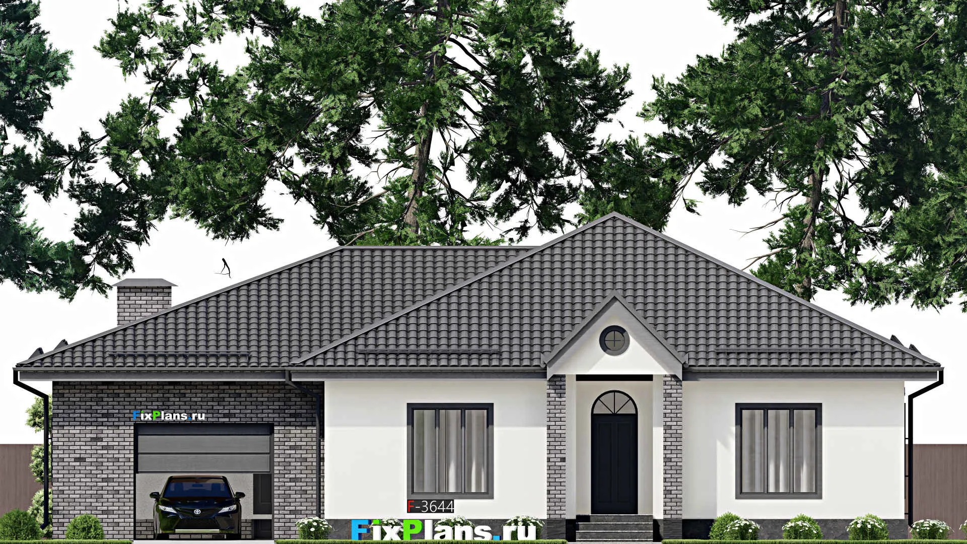 F-3644 - Проект одноэтажного дома 14 на 19, площадью 200 м² с гаражом на 2 машины и 3 спальнями