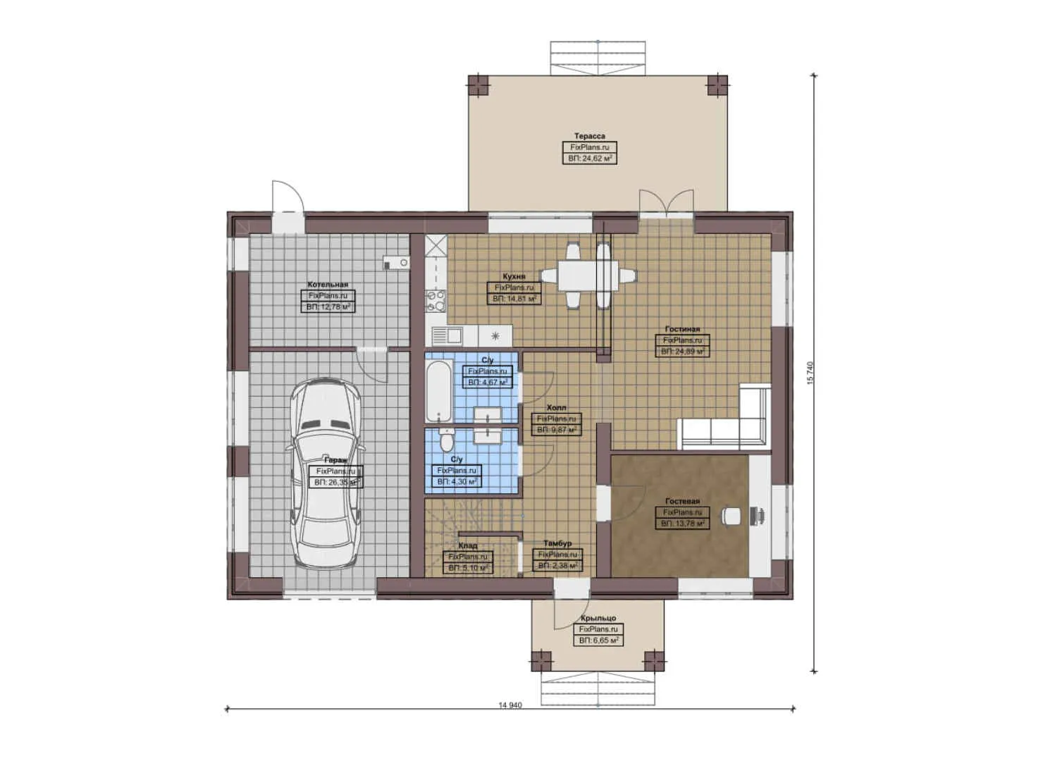 F-8387 - Планы двухэтажного дома 15 на 17, площадью 230 м² с террасой, балконом, гаражом на 1 машину и 3 спальнями