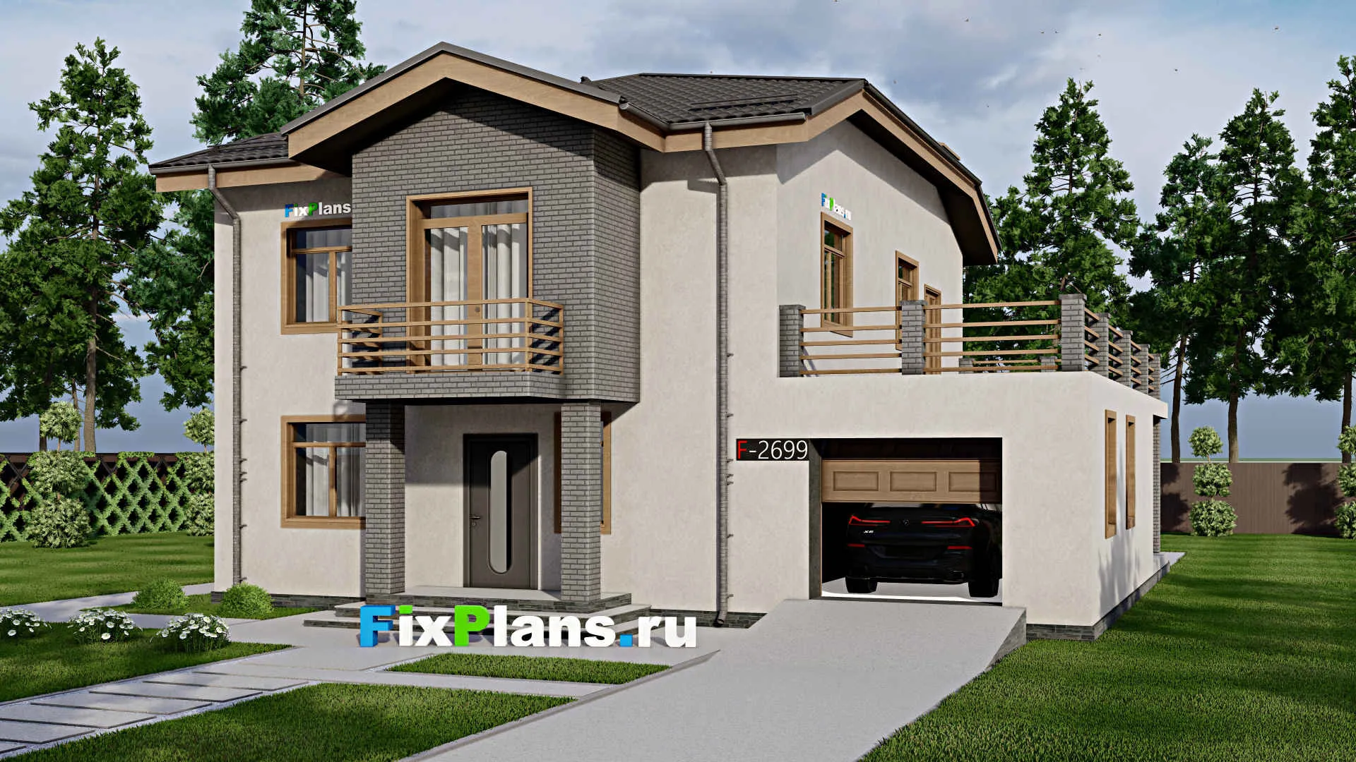 F-2699 - Проект двухэтажного дома 14 на 14, площадью 300 м² с террасой, балконом, гаражом на 1 машину, бассейном и 4 спальнями