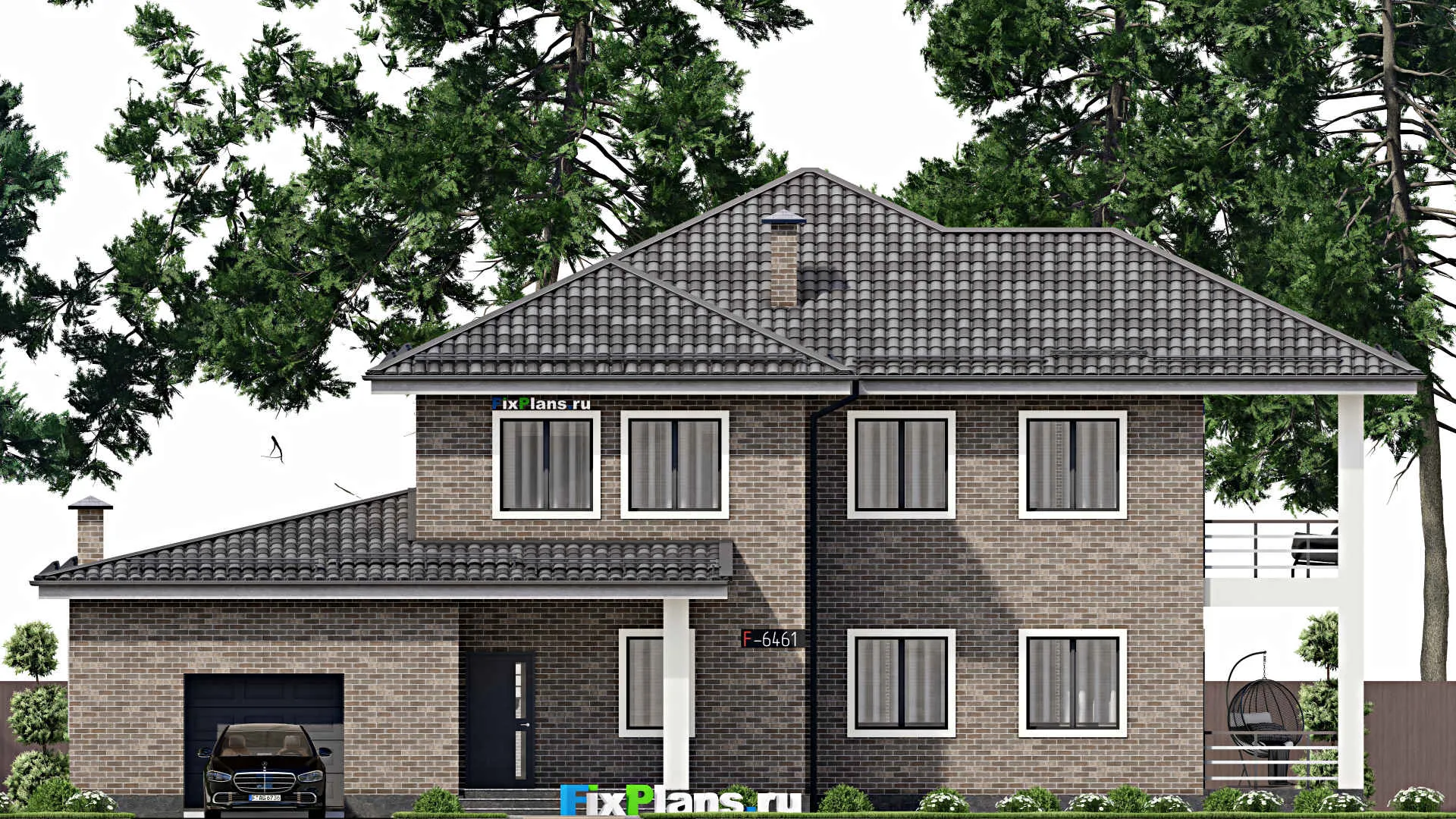 F-6461 - Проект двухэтажного дома 17 на 18, площадью 370 м² с террасой, балконом, баней, гаражом на 1 машину, бассейном и 4 спальнями