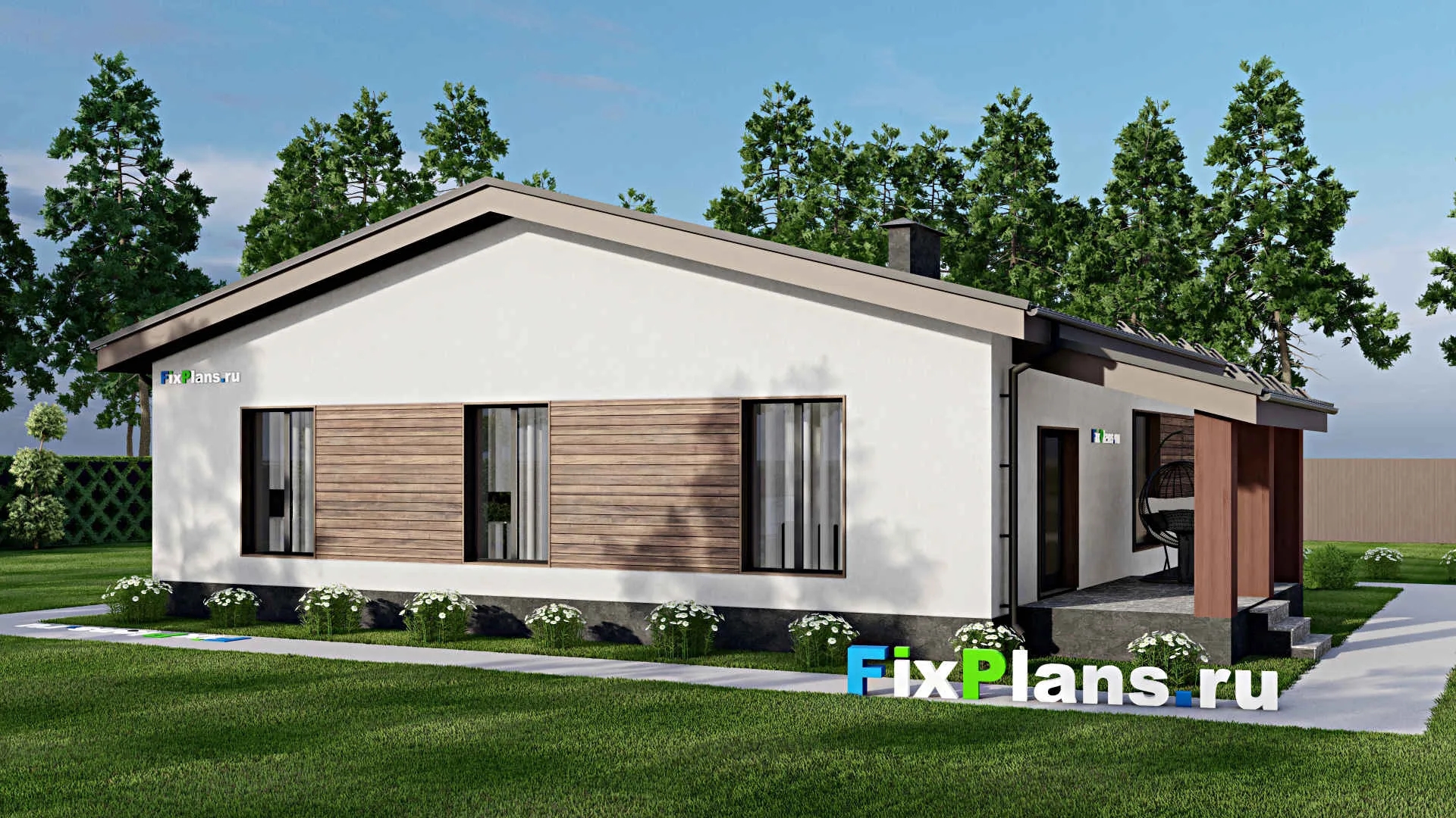 F-6632 - Проект одноэтажного дома 14 на 16, площадью 150 м² с террасой и 3 спальнями