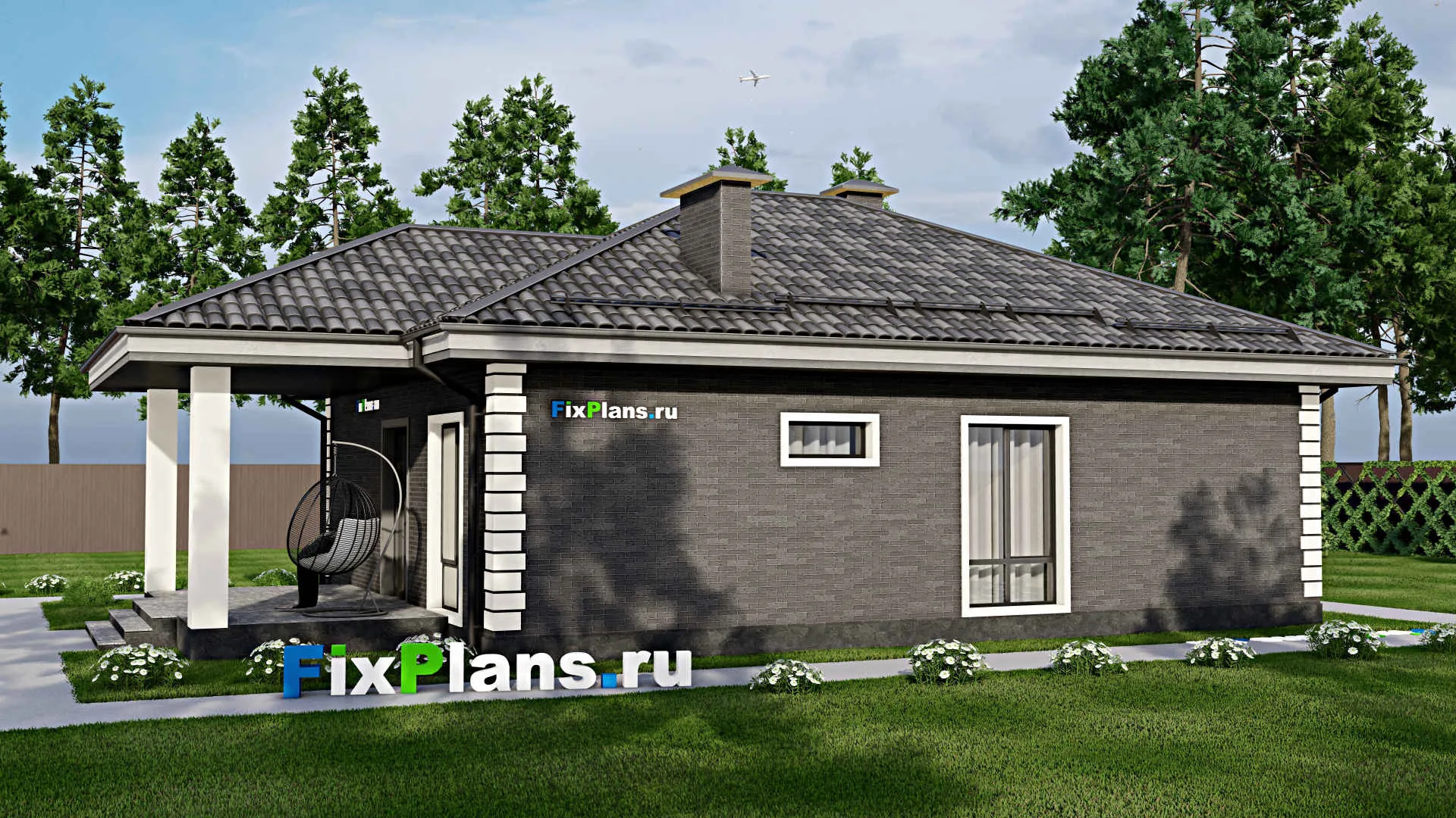 F-5777 - Проект одноэтажного дома 10 на 12, площадью 120 м² с террасой и 3 спальнями