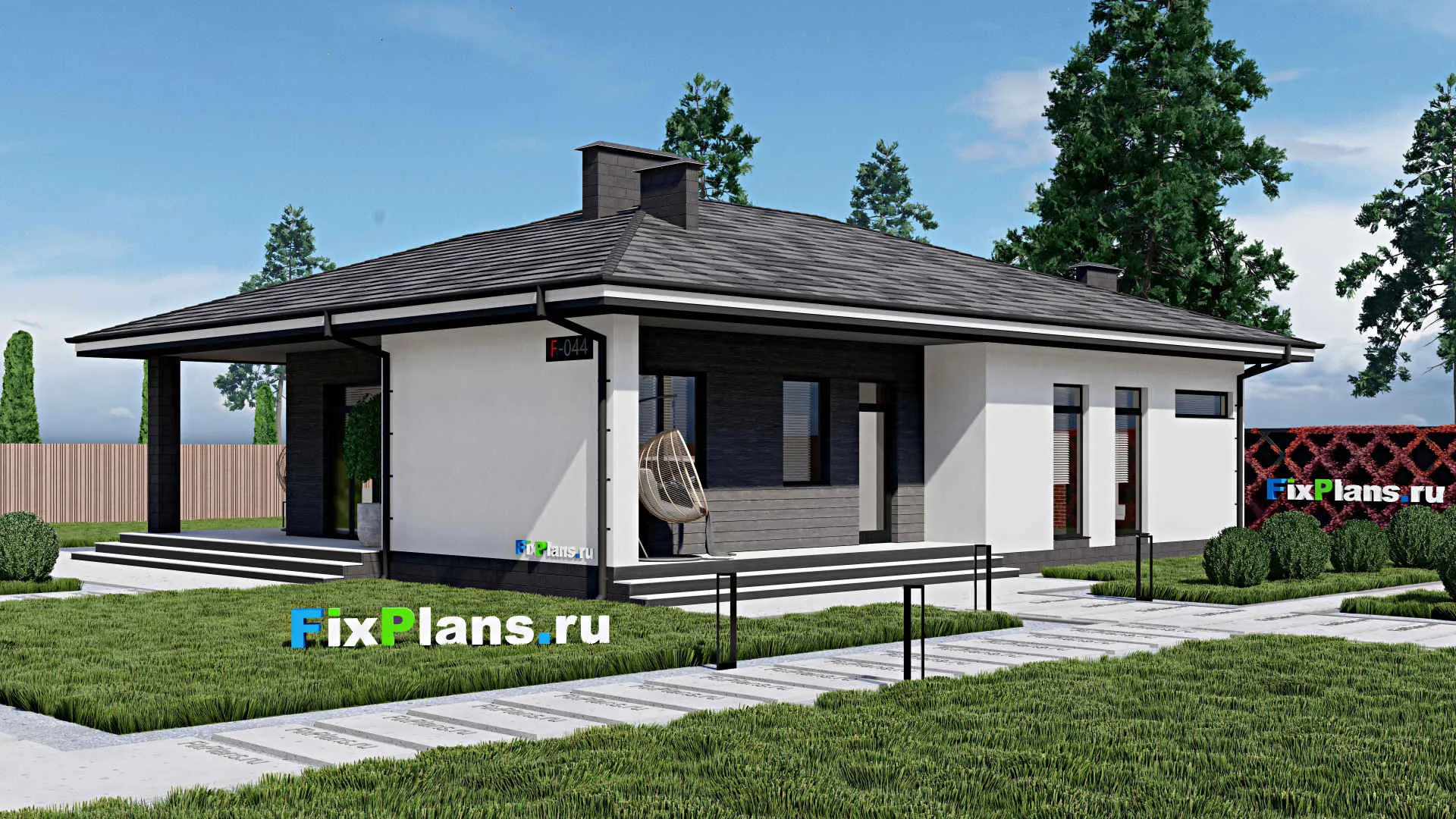 F-0044 - Проект одноэтажного дома 13 на 16, площадью 230 м² с террасой и 7 спальнями