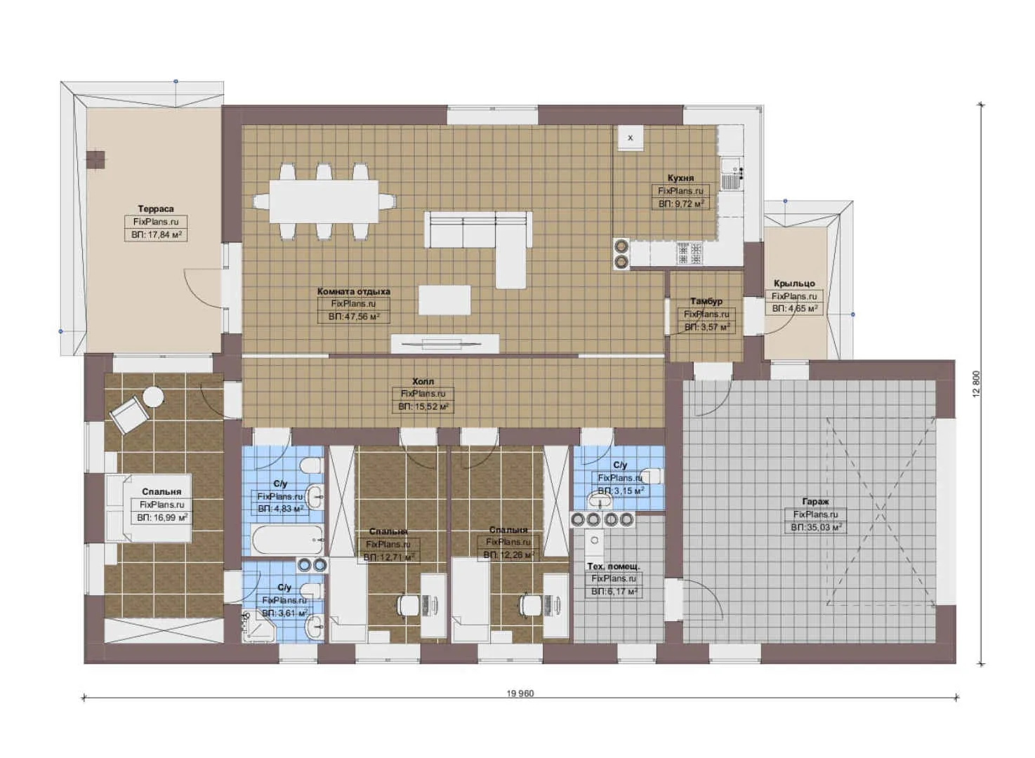 F-15776 - План одноэтажного дома 13 на 20, площадью 200 м² с террасой, гаражом на 2 машины и 3 спальнями