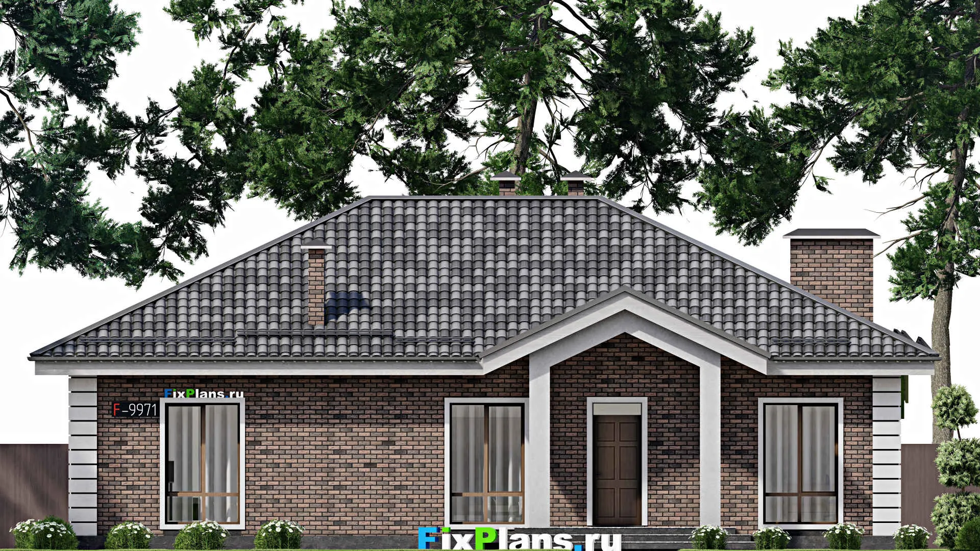 F-9971 - Проект одноэтажного дома 16 на 18, площадью 200 м² с террасой и 4 спальнями