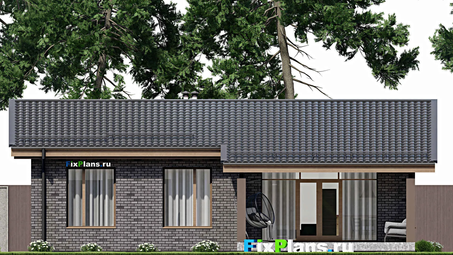 F-9917 - План одноэтажного дома 14 на 14, площадью 130 м² с террасой и 3 спальнями