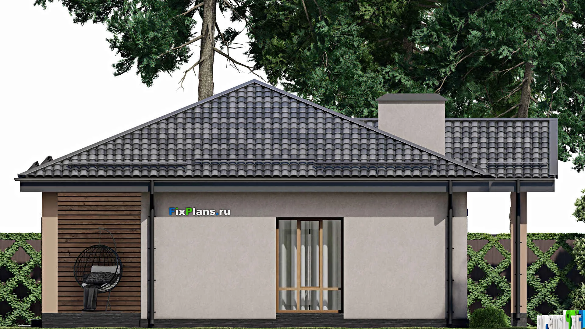 F-8099 - План одноэтажного дома 11 на 14, площадью 120 м² с террасой и 3 спальнями