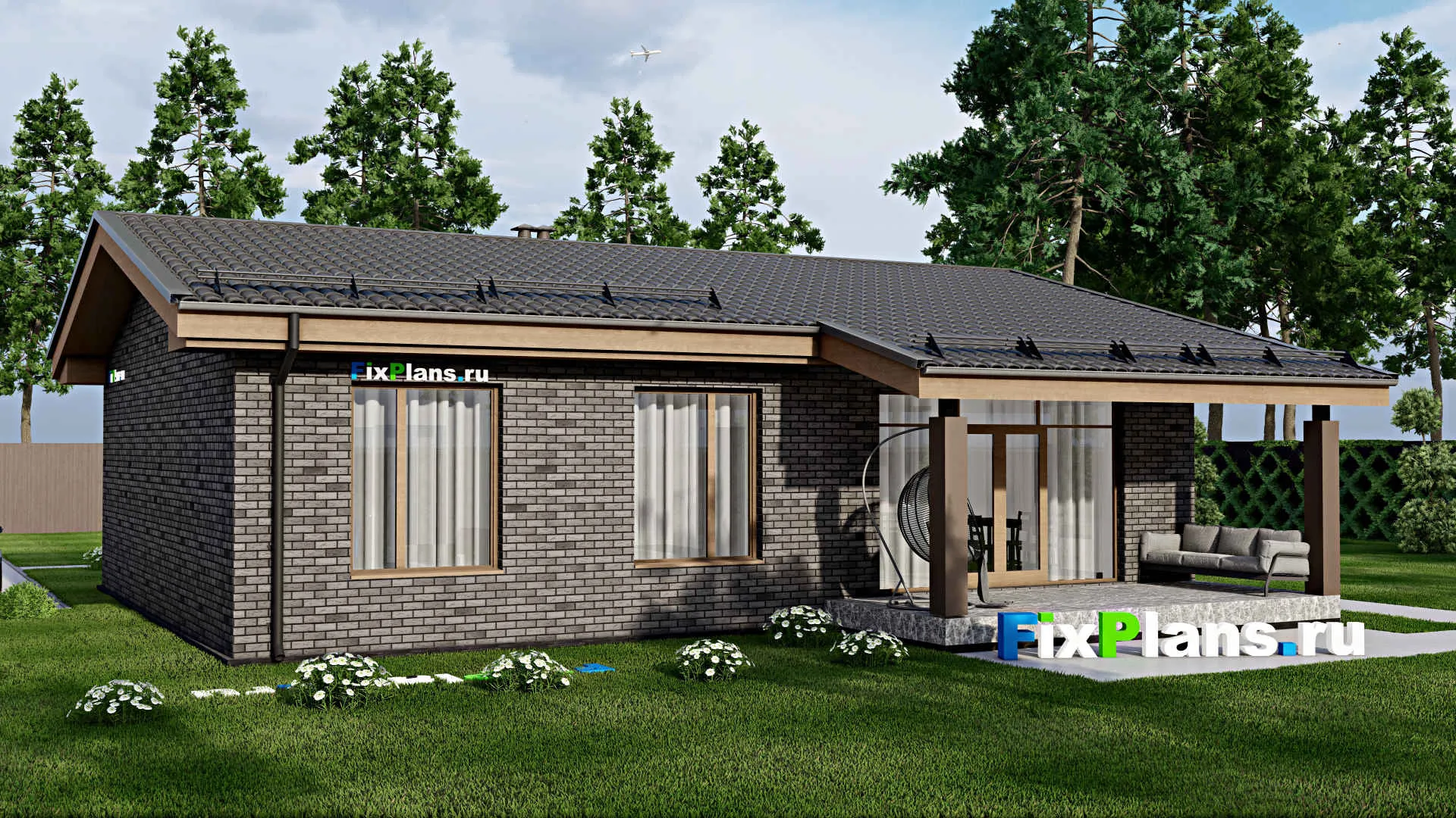 F-9917 - План одноэтажного дома 14 на 14, площадью 130 м² с террасой и 3 спальнями