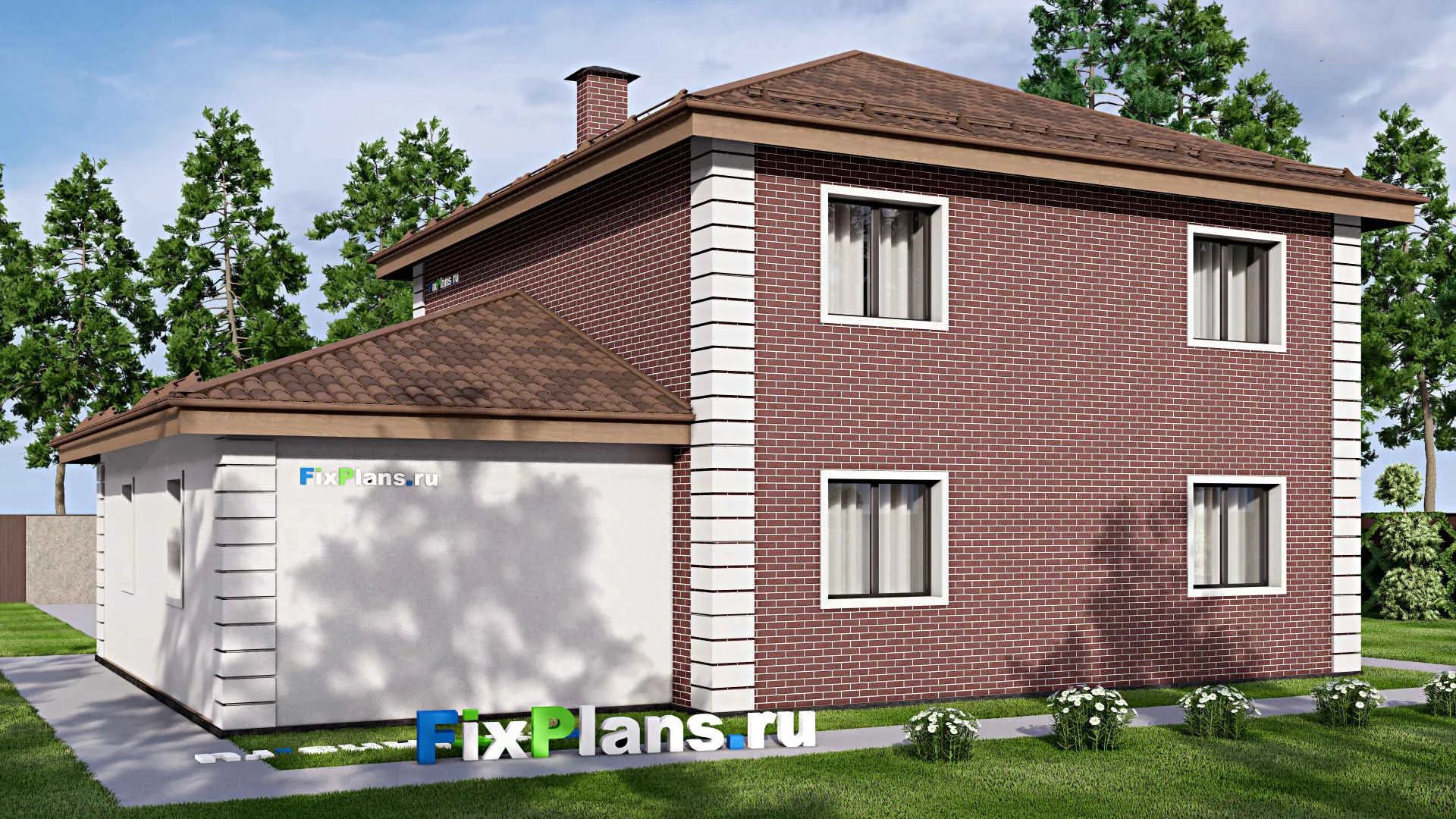 F-16982 - Планы двухэтажного дома 14 на 16, площадью 220 м² с гаражом на 2 машины и 4 спальнями