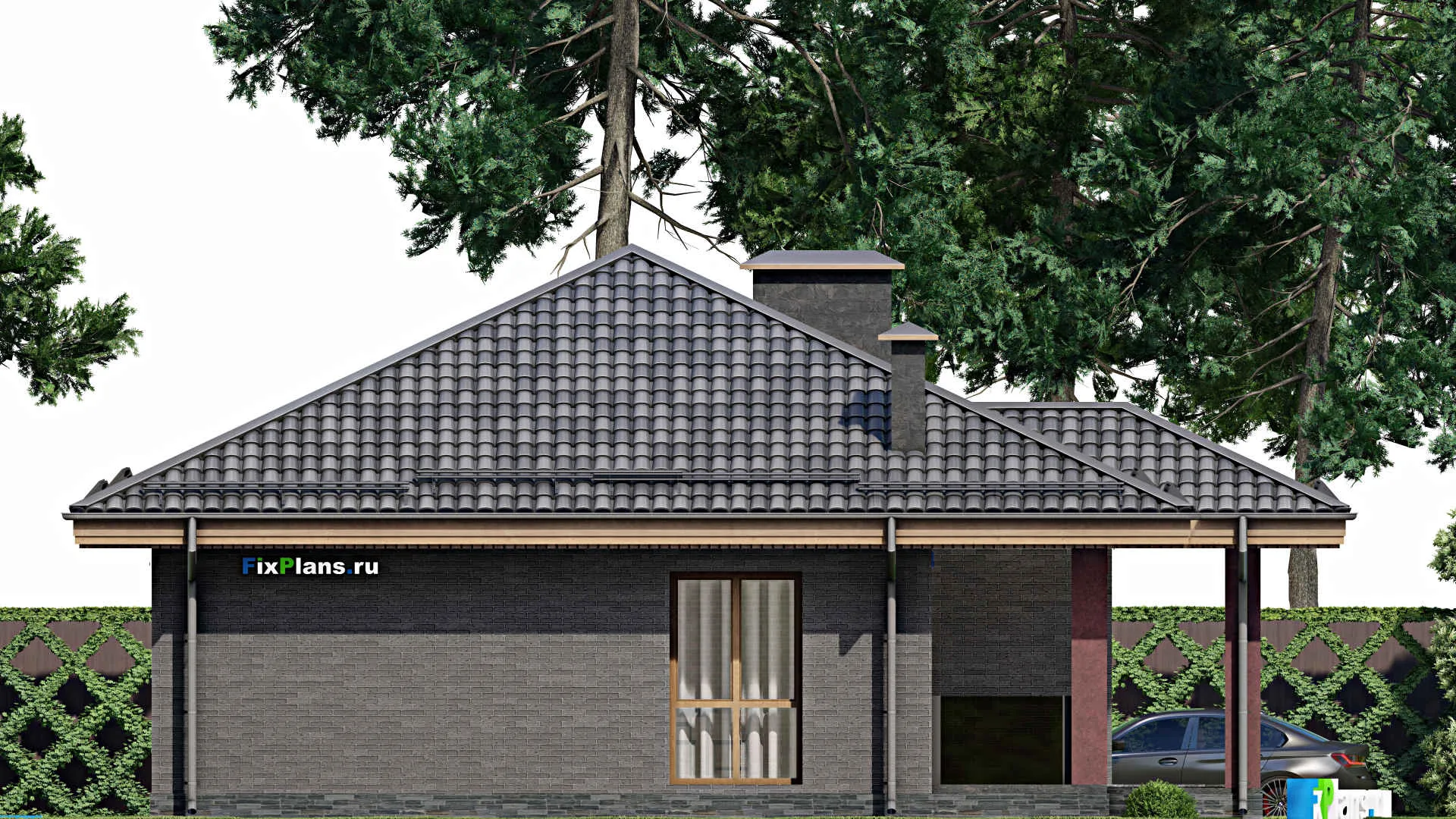 F-7874 - План одноэтажного дома 11 на 14, площадью 120 м² с террасой и 3 спальнями