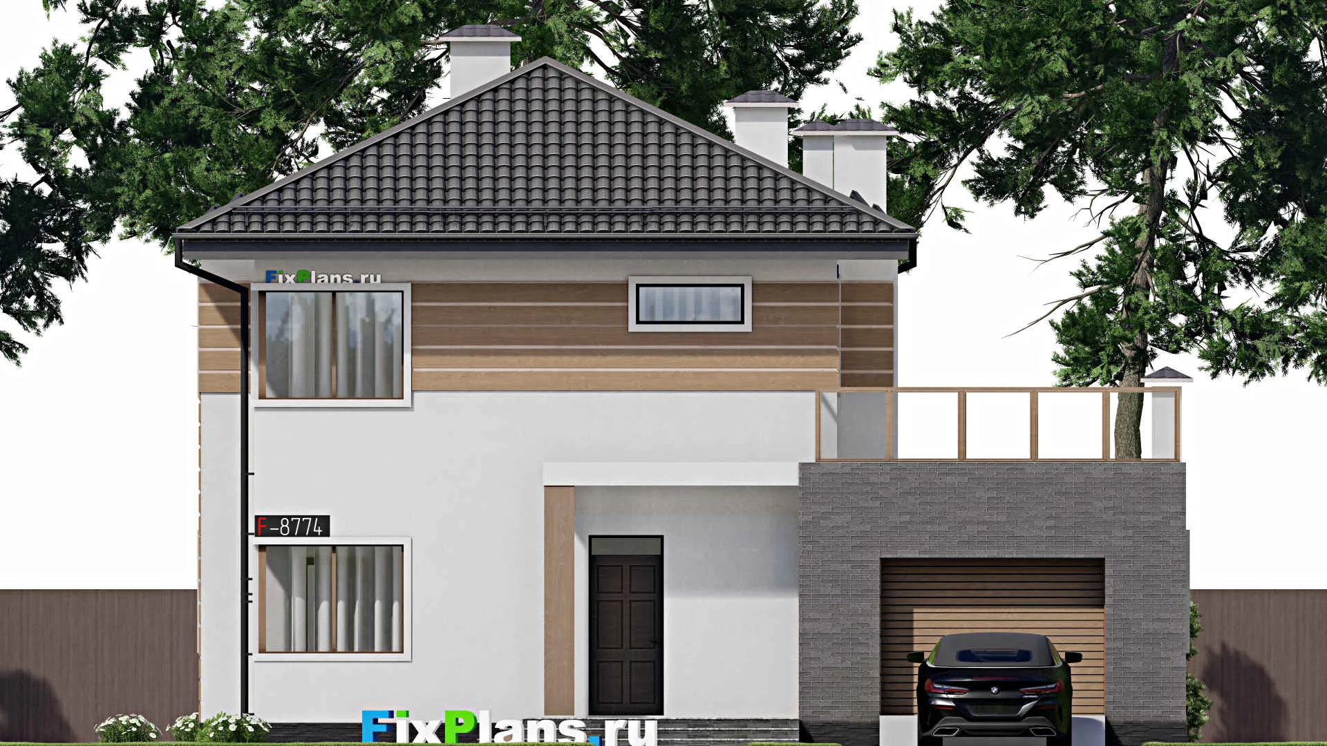 F-8774 - Проект двухэтажного дома 14 на 18, площадью 270 м² с террасой, балконом, гаражом на 1 машину и 4 спальнями