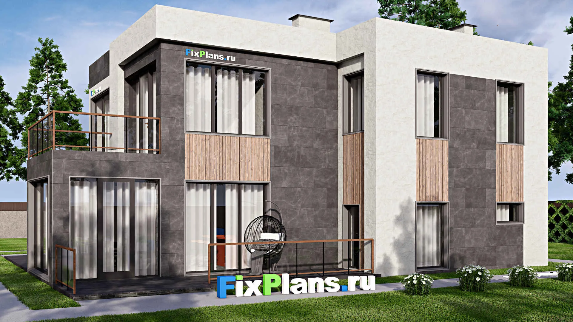 F-12689 - Планы двухэтажного дома 13 на 17, площадью 300 м² с террасой, балконом, баней и 5 спальнями