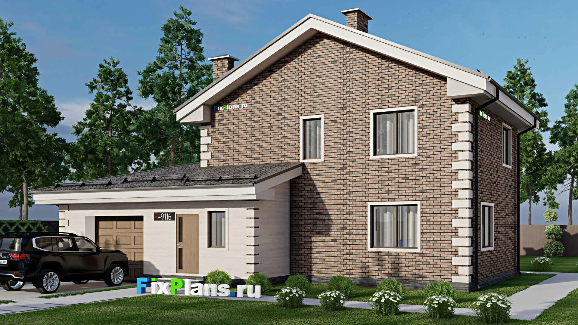 F-9116 - Проект двухэтажного дома 11 на 16, площадью 170 м² с гаражом на 2 машины и 4 спальнями