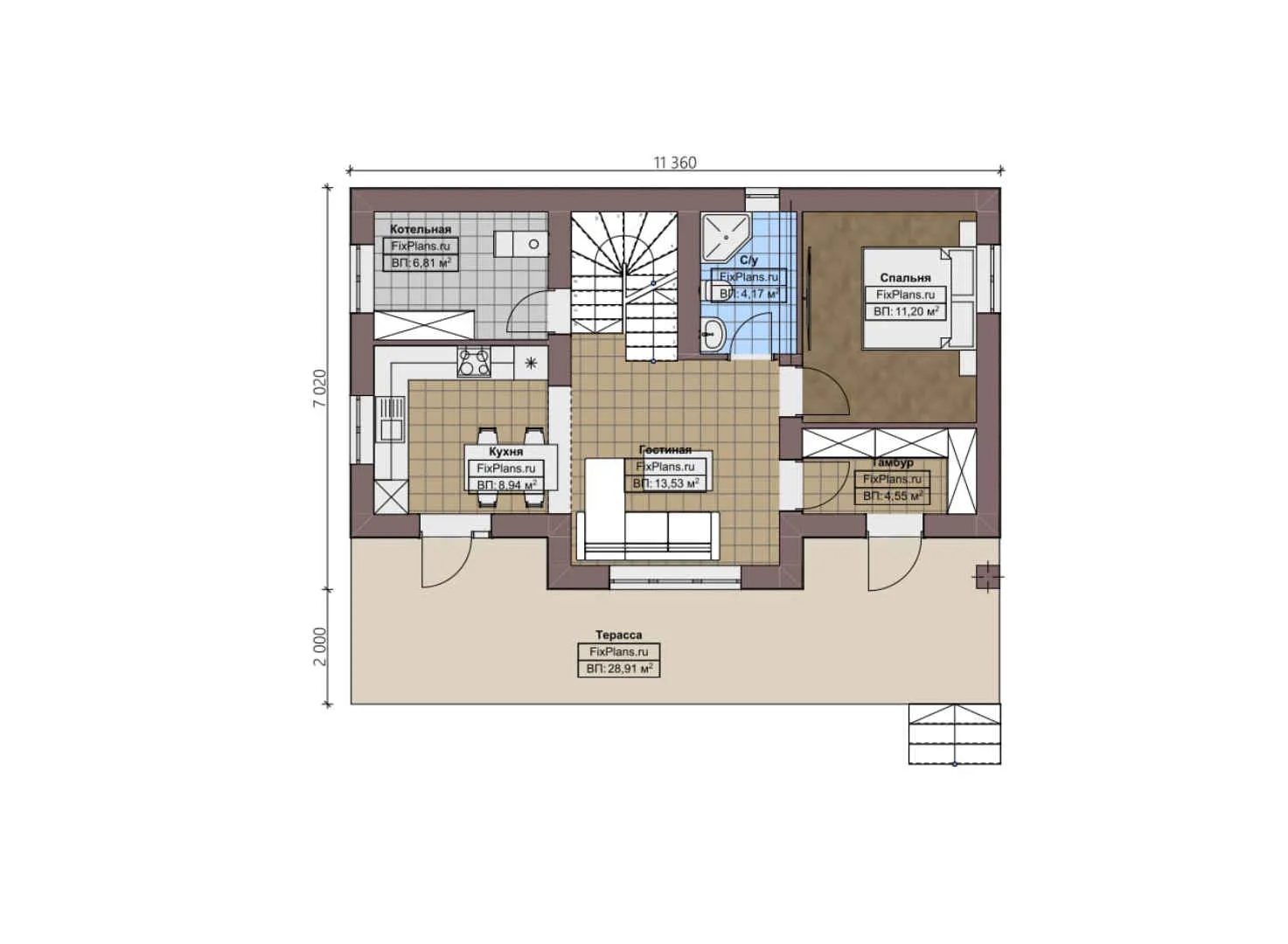 F-3356 - Планы двухэтажного дома 8 на 12, площадью 140 м² с террасой и 3 спальнями