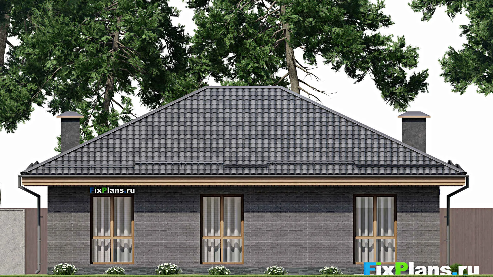 F-7874 - План одноэтажного дома 11 на 14, площадью 120 м² с террасой и 3 спальнями