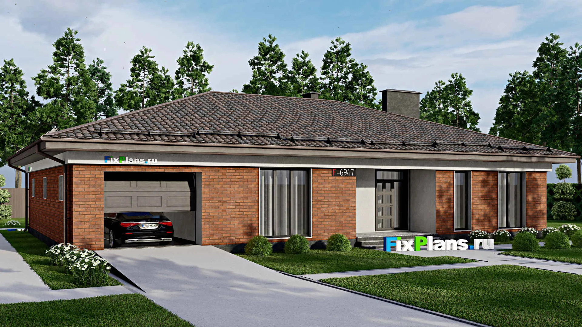 F-6947 - Проект одноэтажного дома 14 на 20, площадью 200 м² с террасой, гаражом на 2 машины и 3 спальнями