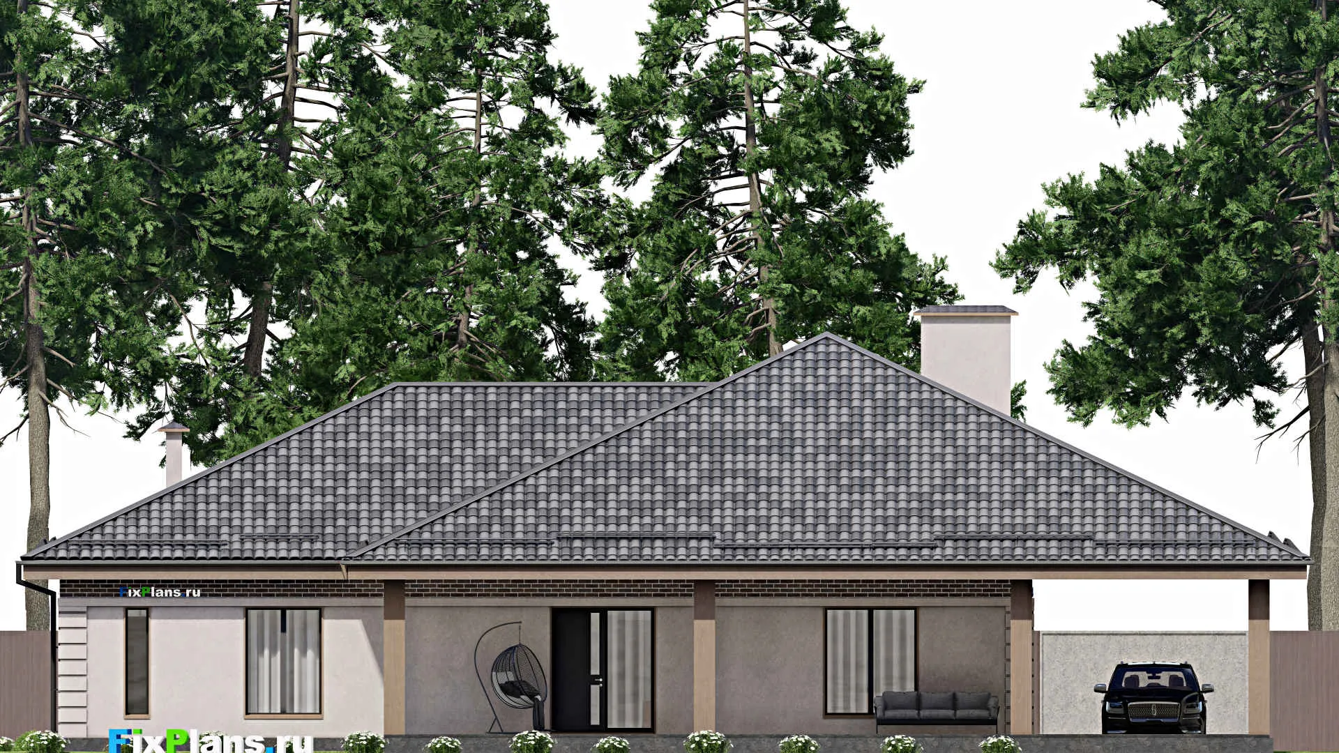 F-7730 - План одноэтажного дома 15 на 19, площадью 310 м² с террасой и 4 спальнями