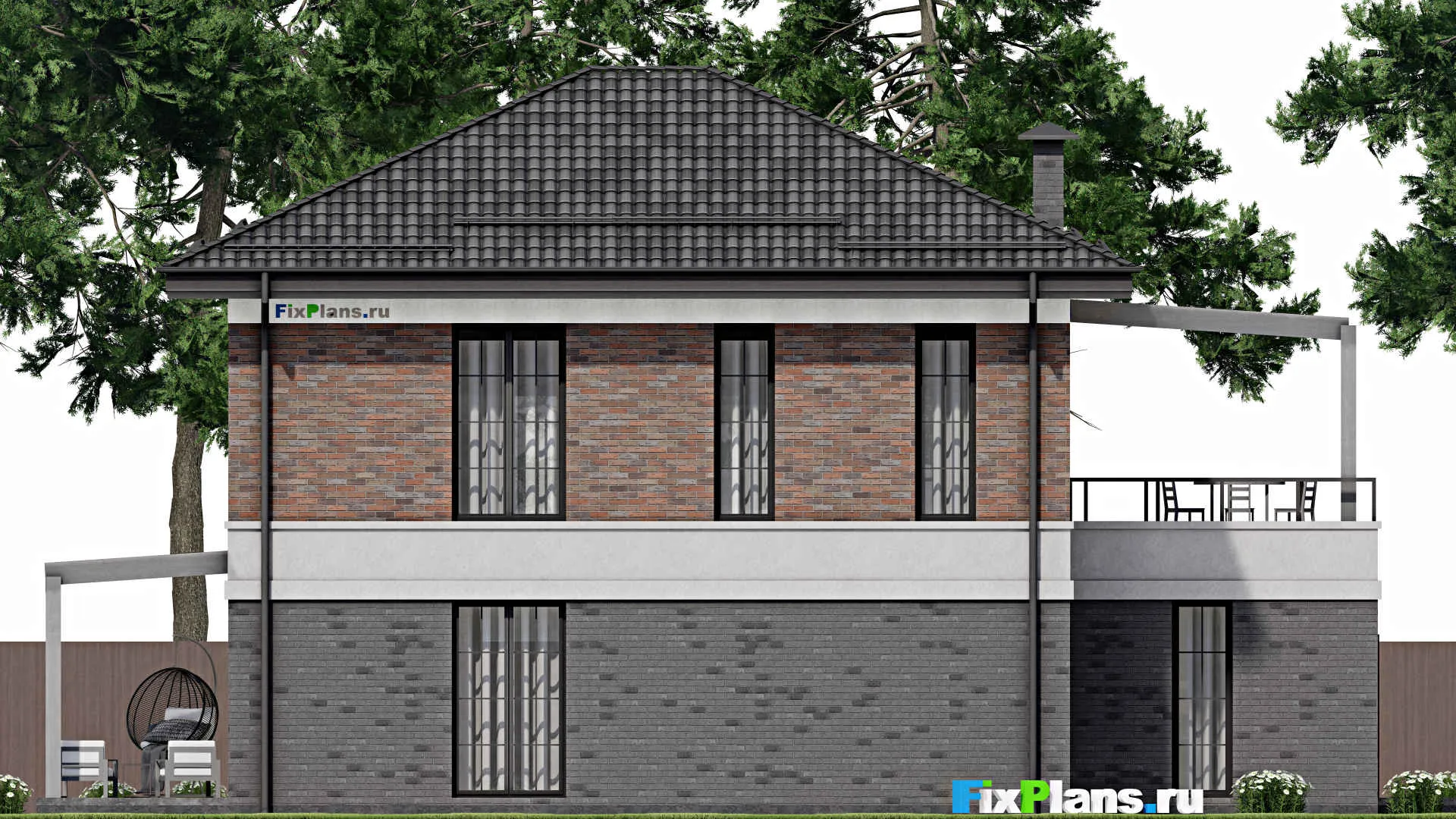 F-2438 - Проект двухэтажного дома 12 на 16, площадью 250 м² с террасой, балконом, гаражом на 1 машину и 4 спальнями