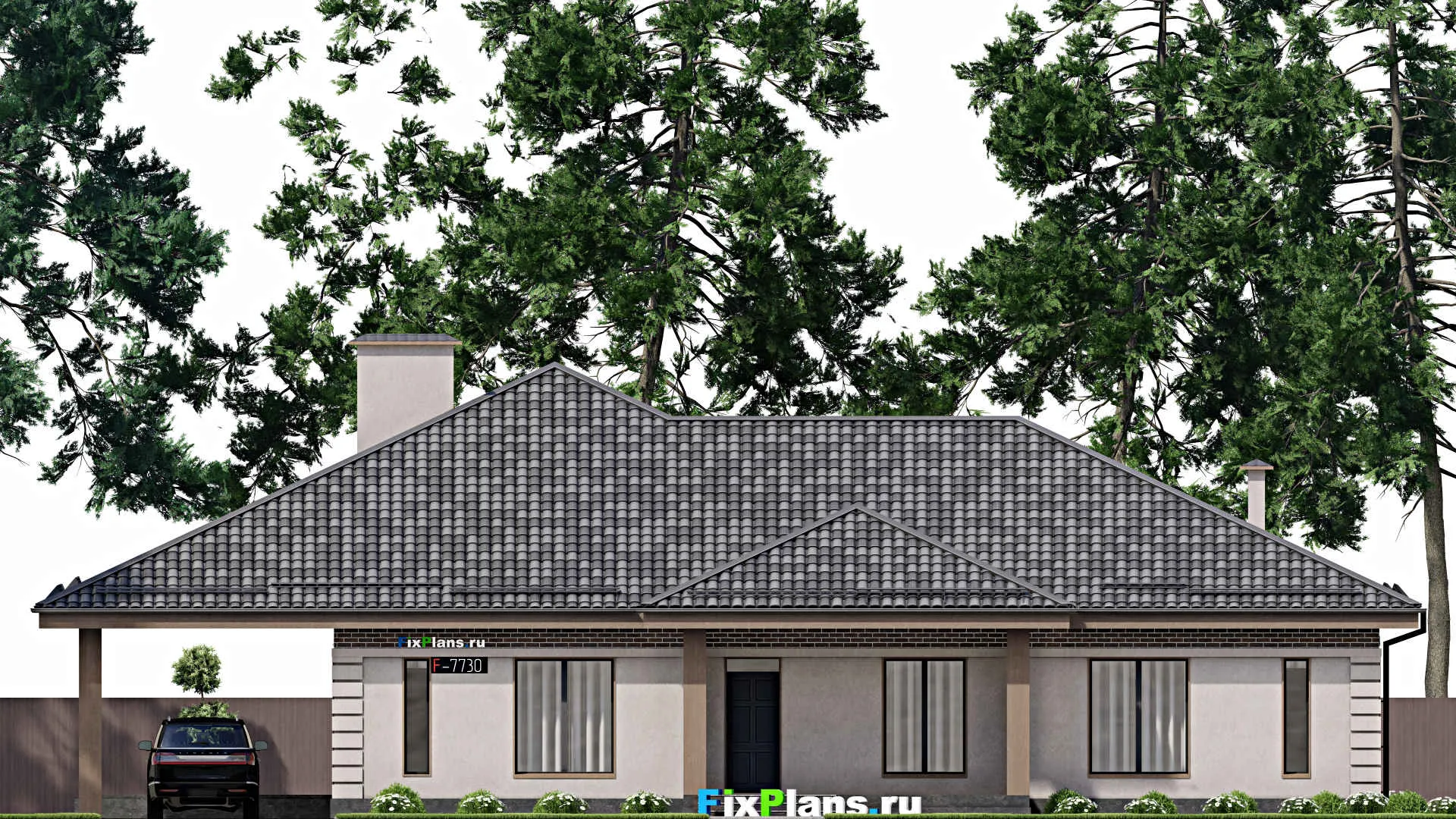 F-7730 - План одноэтажного дома 15 на 19, площадью 310 м² с террасой и 4 спальнями