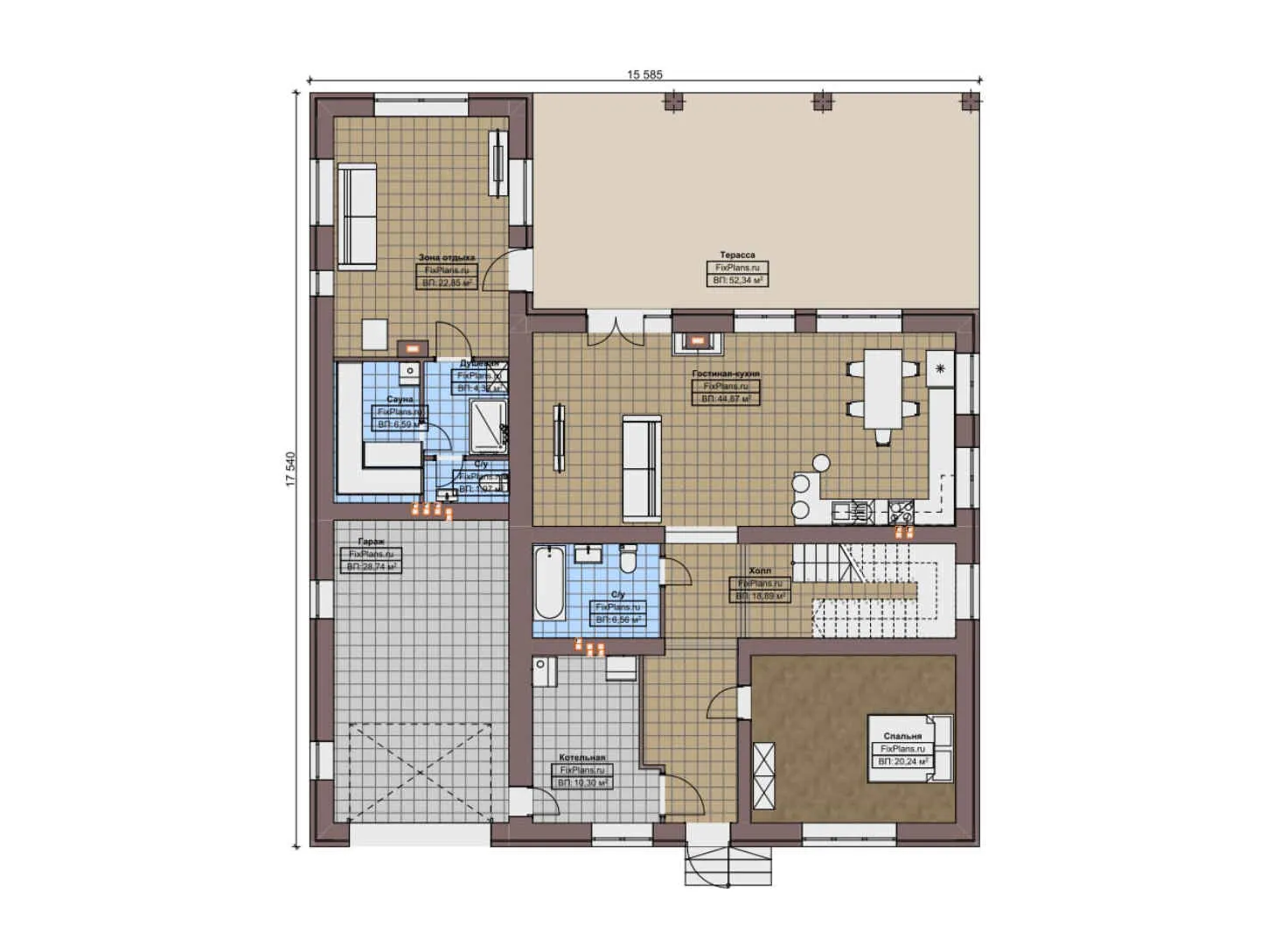 F-9692 - Планы дома с мансардой 16 на 18, площадью 300 м² с террасой, баней, гаражом на 1 машину и 4 спальнями