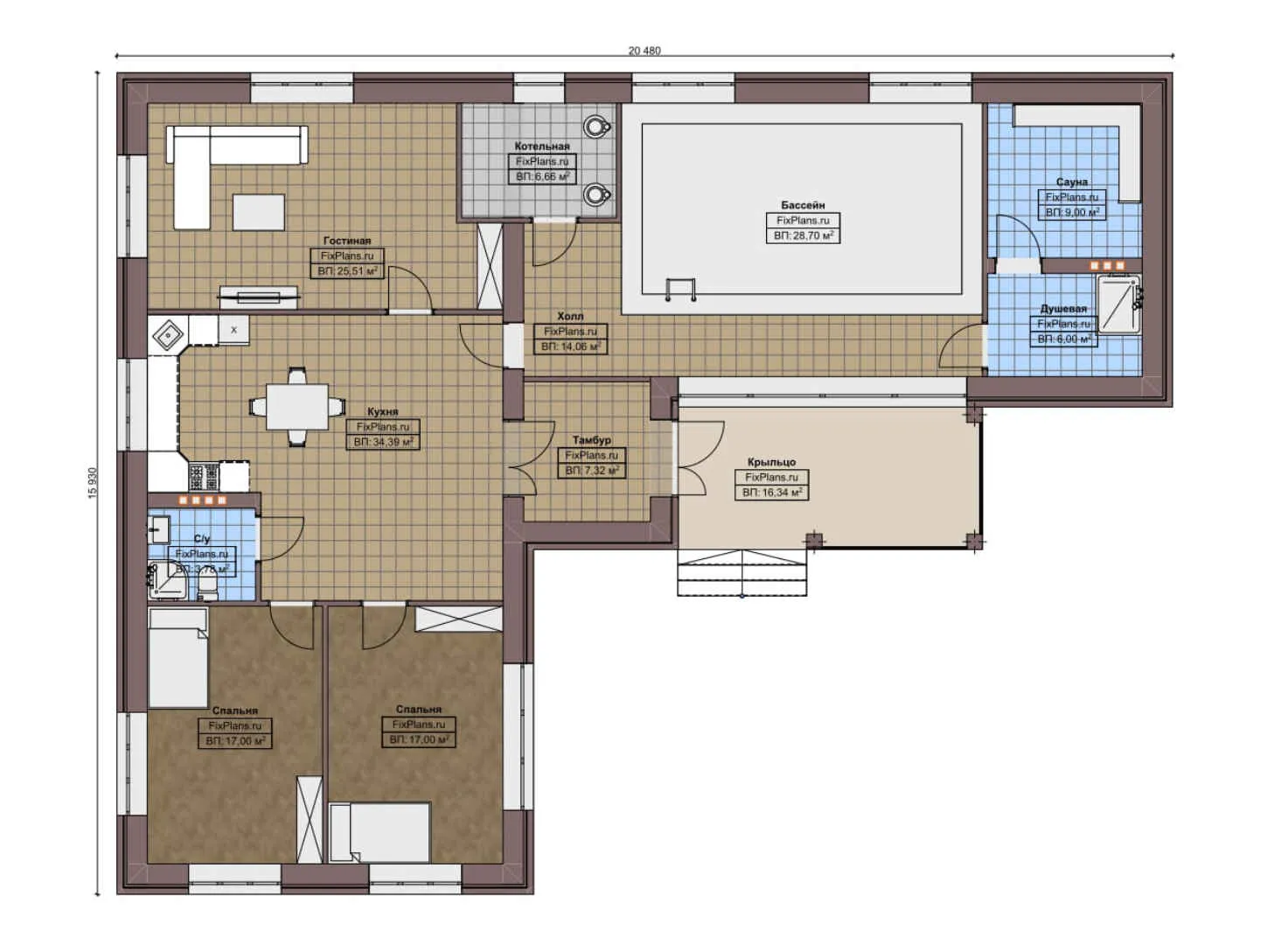 F-7604 - План одноэтажного дома 16 на 21, площадью 190 м² с баней, бассейном и 2 спальнями
