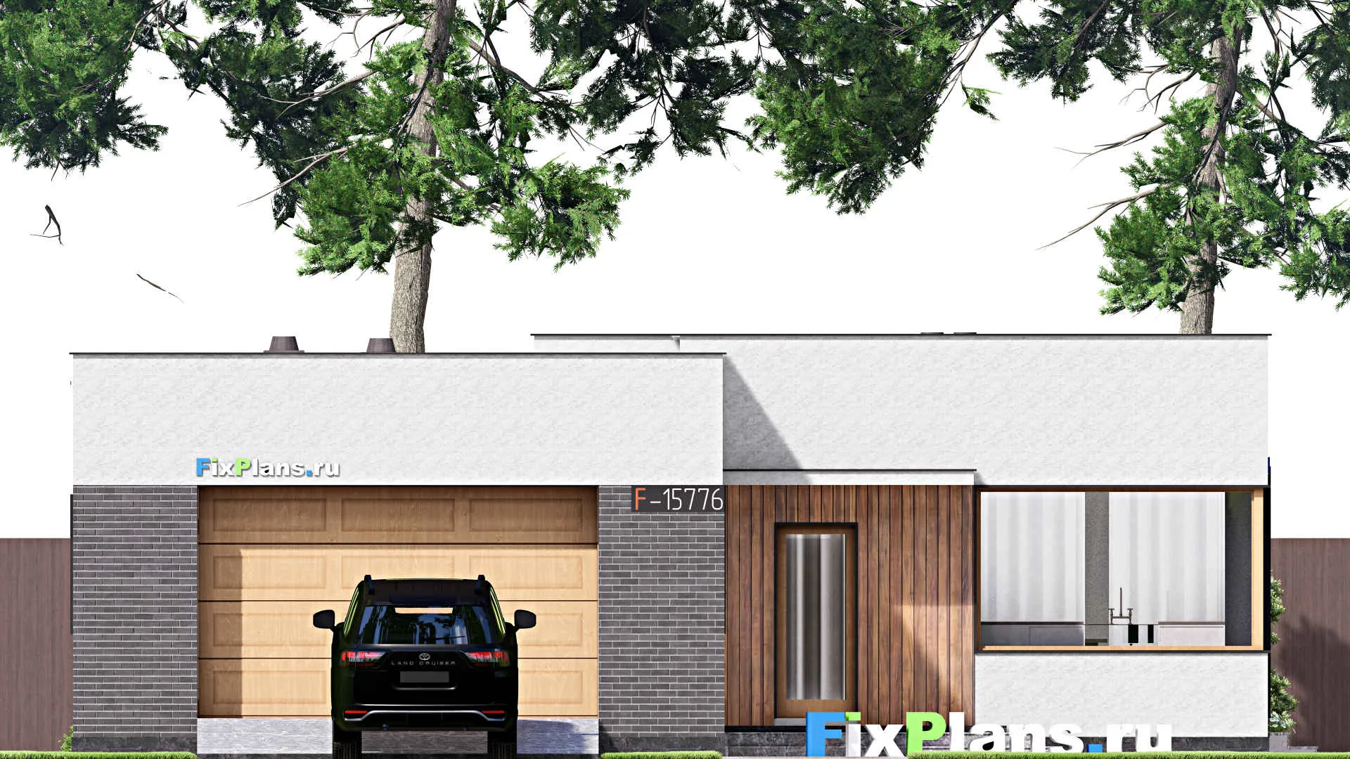 F-15776 - Проект одноэтажного дома 13 на 20, площадью 200 м² с террасой, гаражом на 2 машины и 3 спальнями