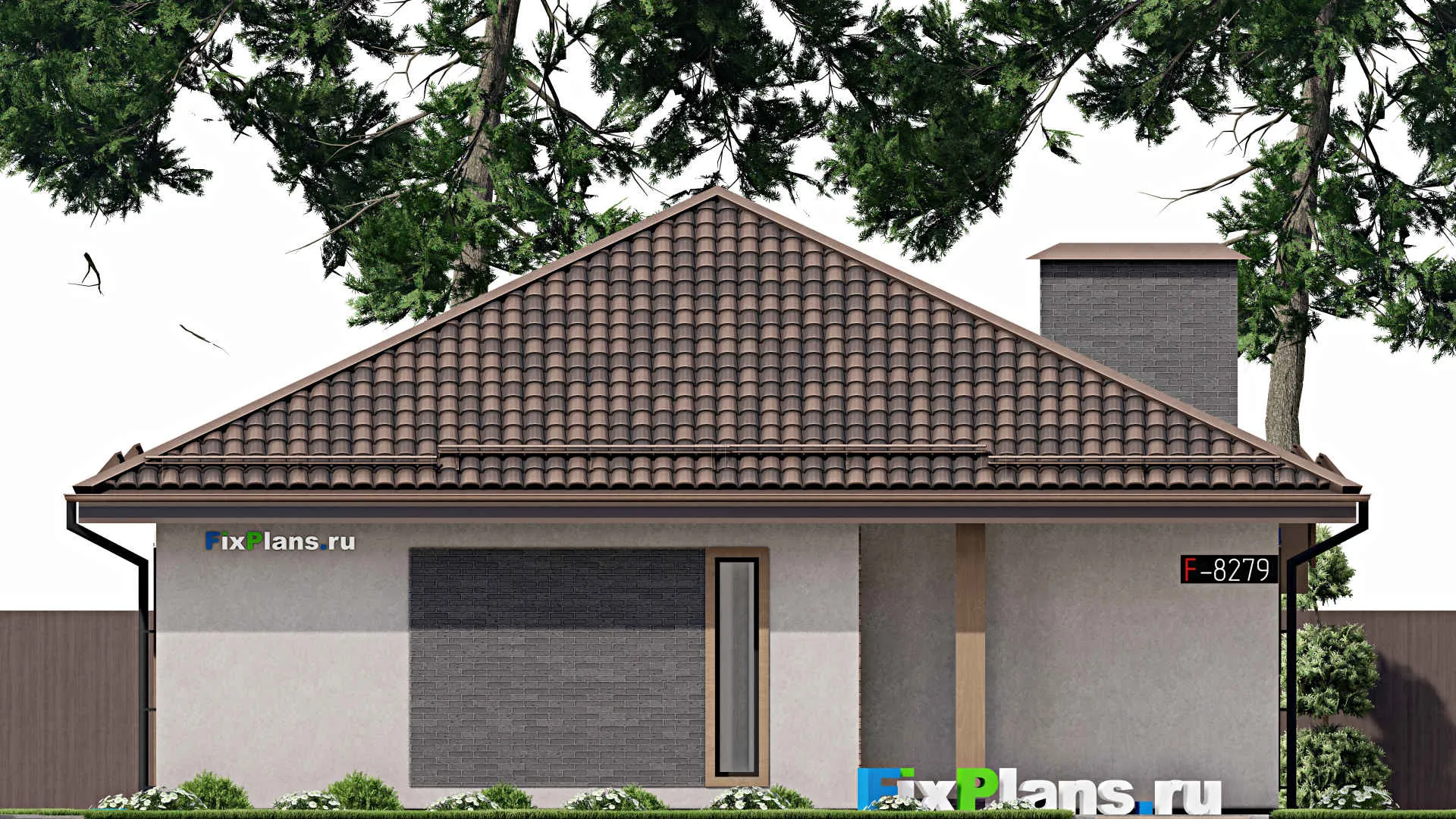 F-8279 - Проект одноэтажного дома 12 на 15, площадью 130 м² с террасой и 3 спальнями