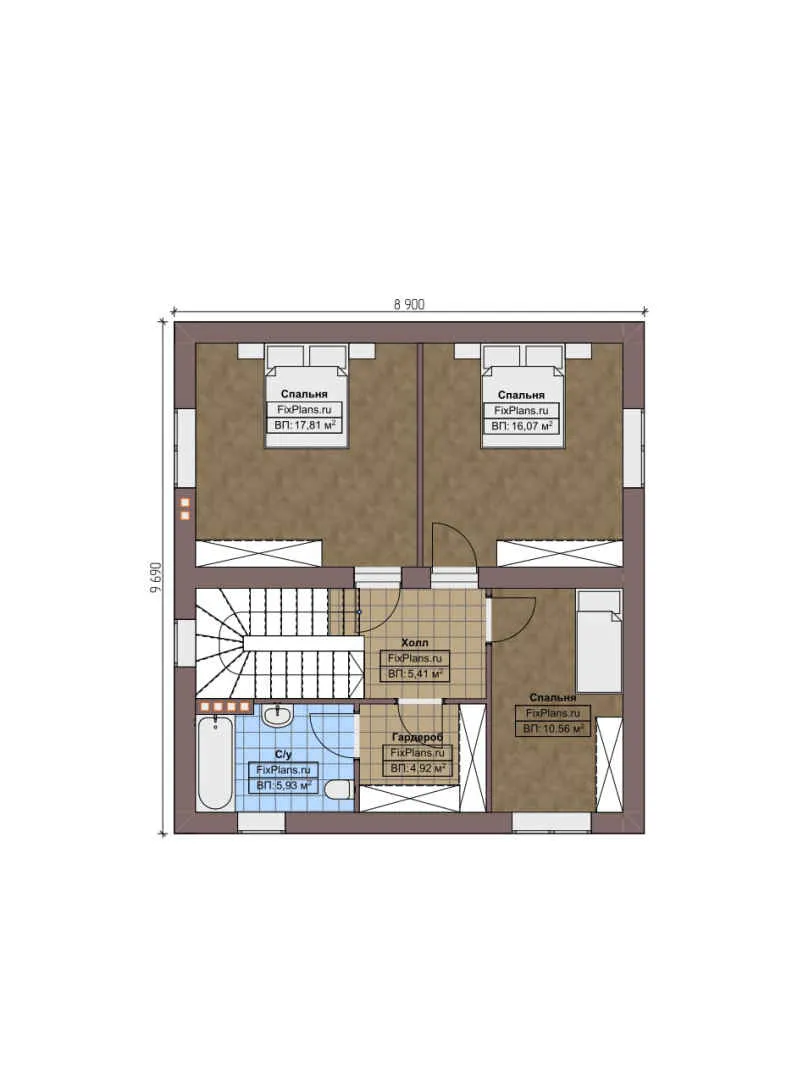 F-3491 - Планы двухэтажного дома 9 на 10, площадью 160 м² с террасой и 4 спальнями