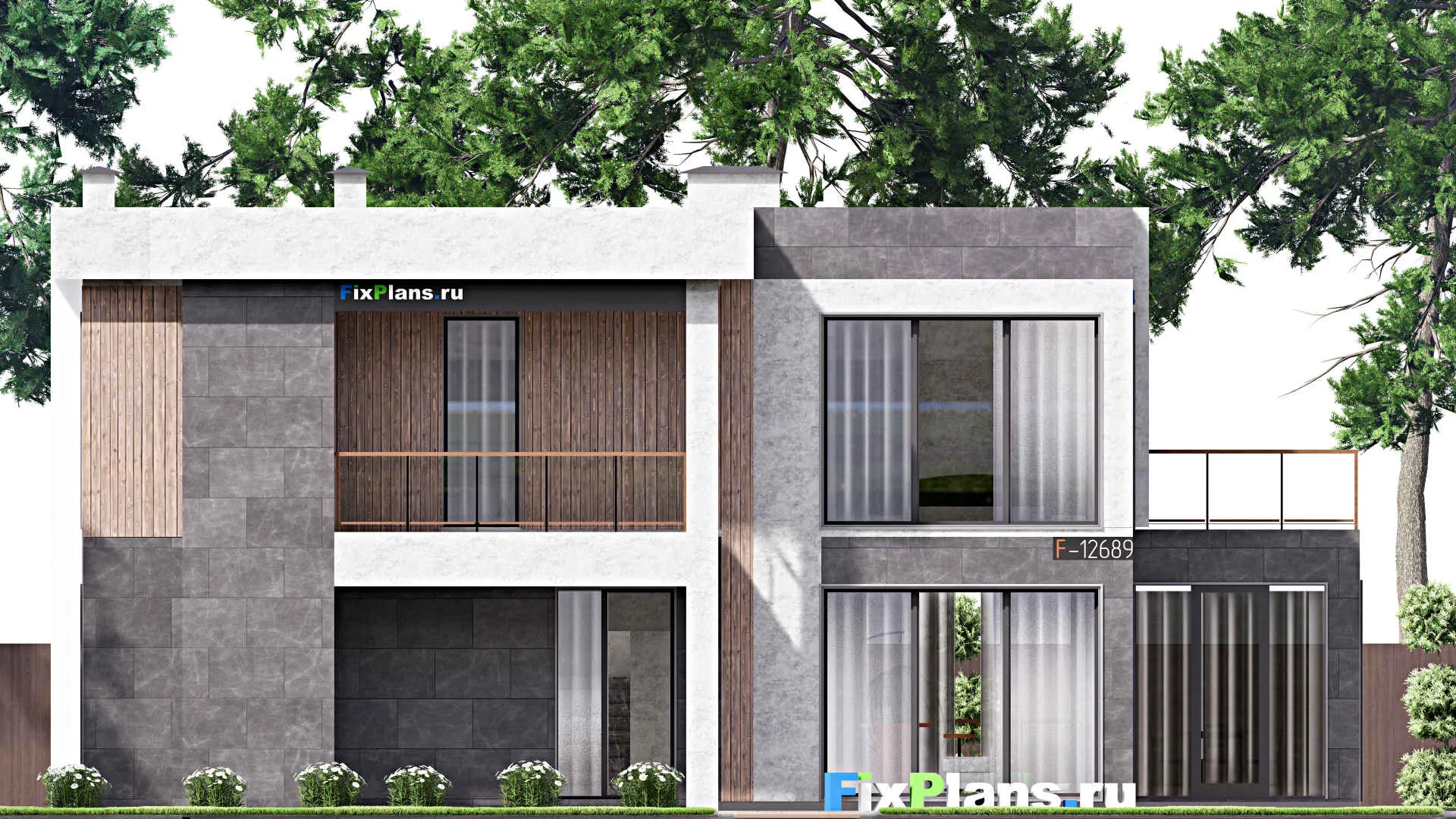 F-12689 - Планы двухэтажного дома 13 на 17, площадью 300 м² с террасой, балконом, баней и 5 спальнями