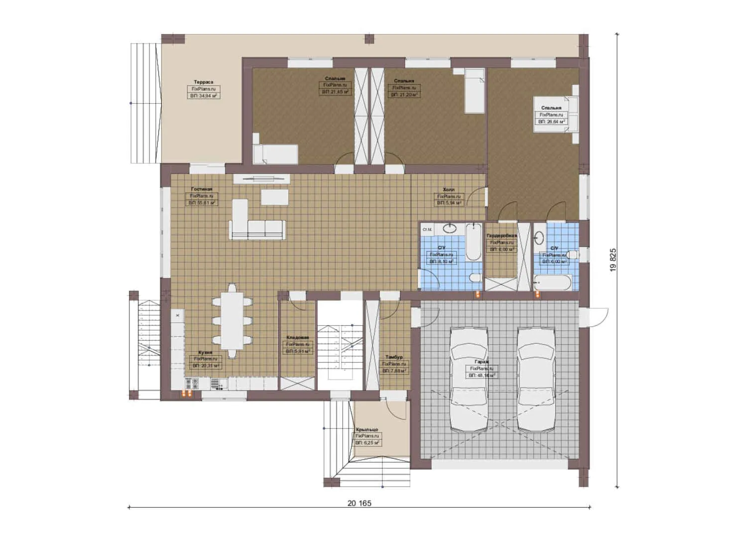 F-19061 - План одноэтажного дома 20 на 21, площадью 370 м² с террасой, цокольным этажом, гаражом на 2 машины и 3 спальнями