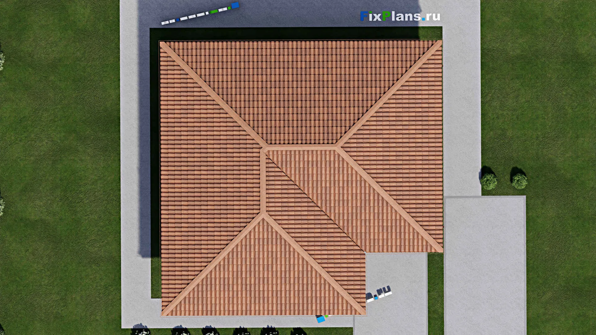 F-10646 - Проект одноэтажного дома 13 на 13, площадью 120 м² с террасой и 3 спальнями