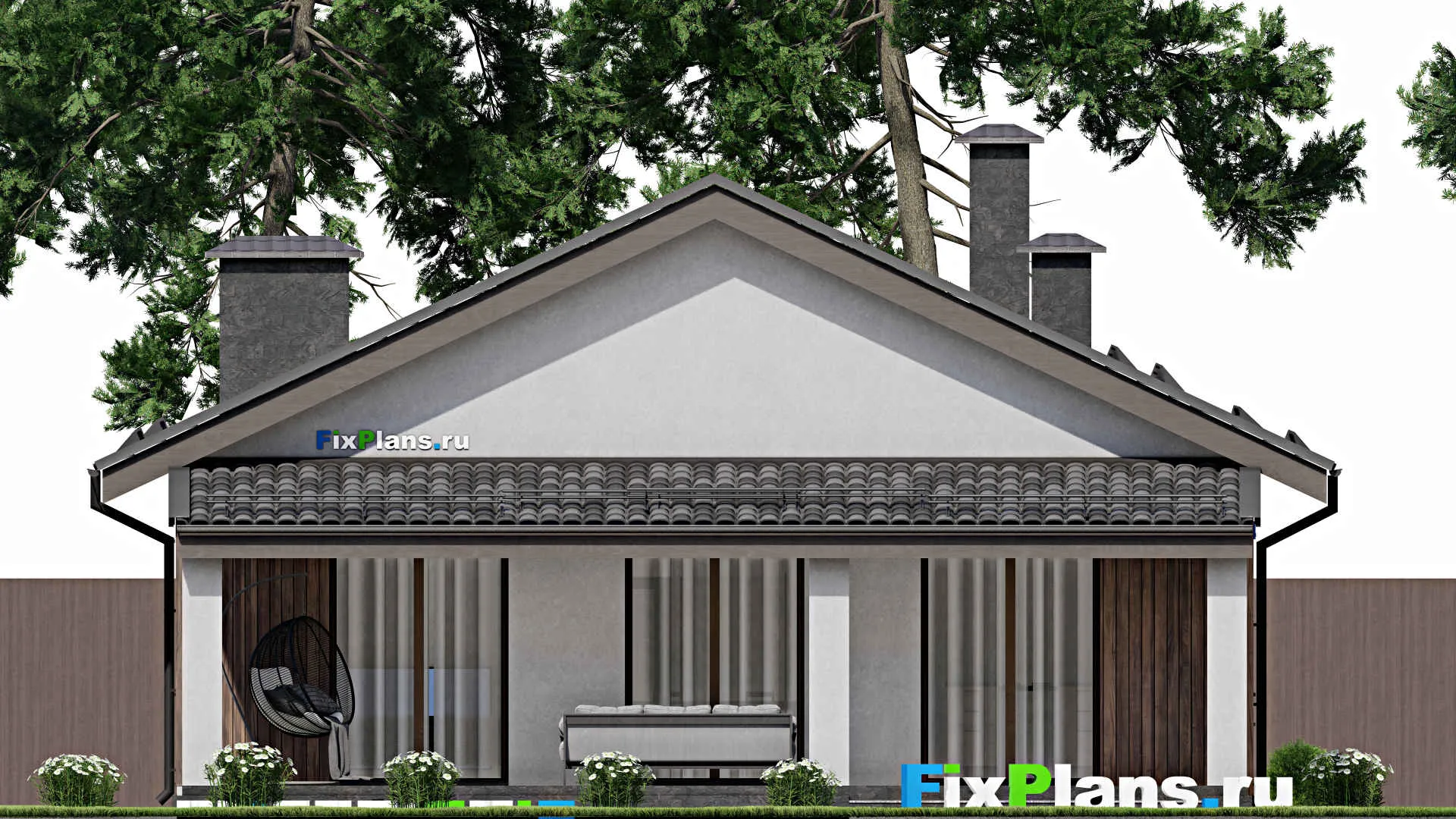 F-6299 - Проект одноэтажного дома 11 на 14, площадью 140 м² с террасой и 3 спальнями