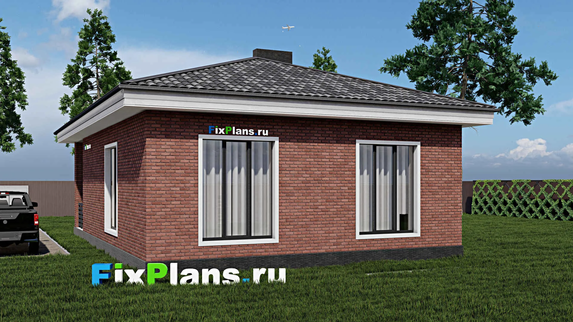 F-1061 - Проект одноэтажного дома 10 на 11, площадью 100 м² с террасой и 1 спальнями