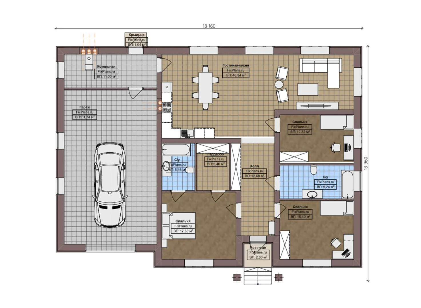 F-3644 - План одноэтажного дома 14 на 19, площадью 200 м² с гаражом на 2 машины и 3 спальнями