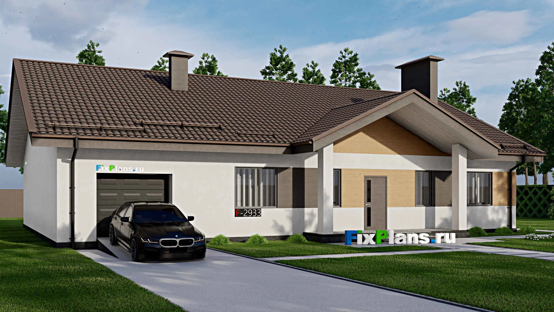 F-2933 - Проект одноэтажного дома 15 на 20, площадью 240 м² с террасой, гаражом на 1 машину и 4 спальнями
