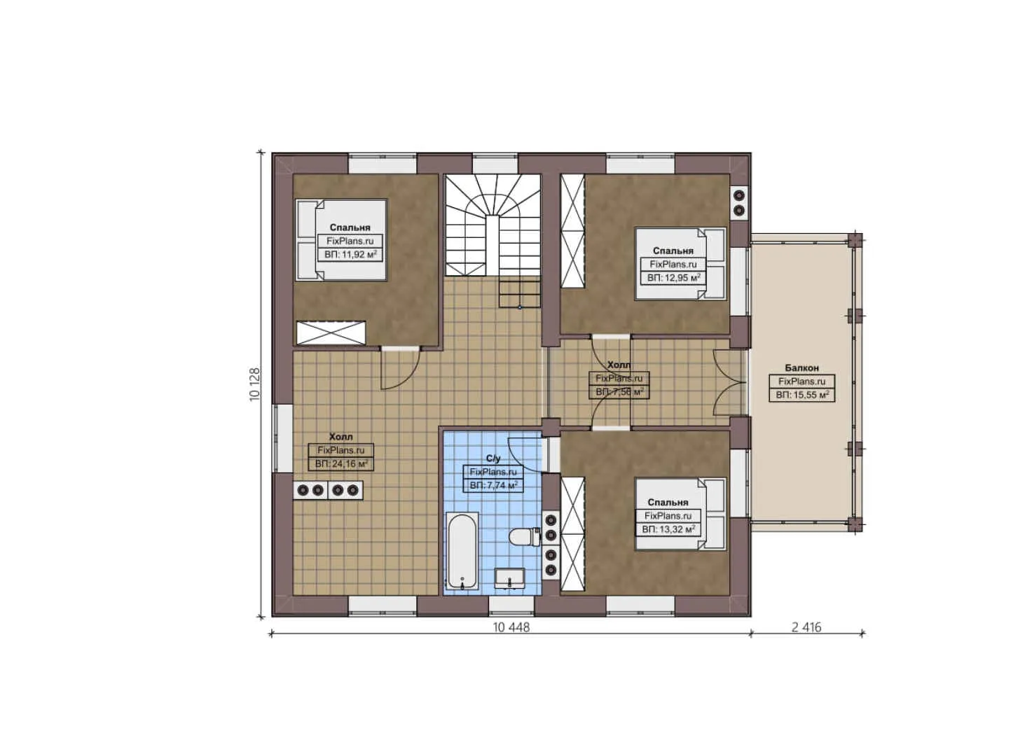 F-4697 - Планы дома с мансардой 11 на 11, площадью 210 м² с террасой, балконом и 4 спальнями