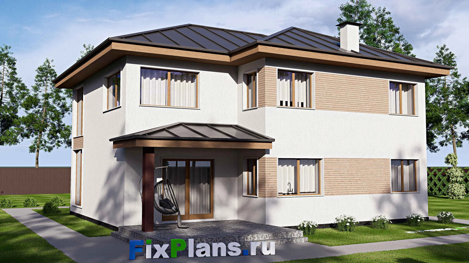 F-17846 - Проект двухэтажного дома 14 на 19, площадью 310 м² с террасой, балконом, гаражом на 2 машины и 4 спальнями